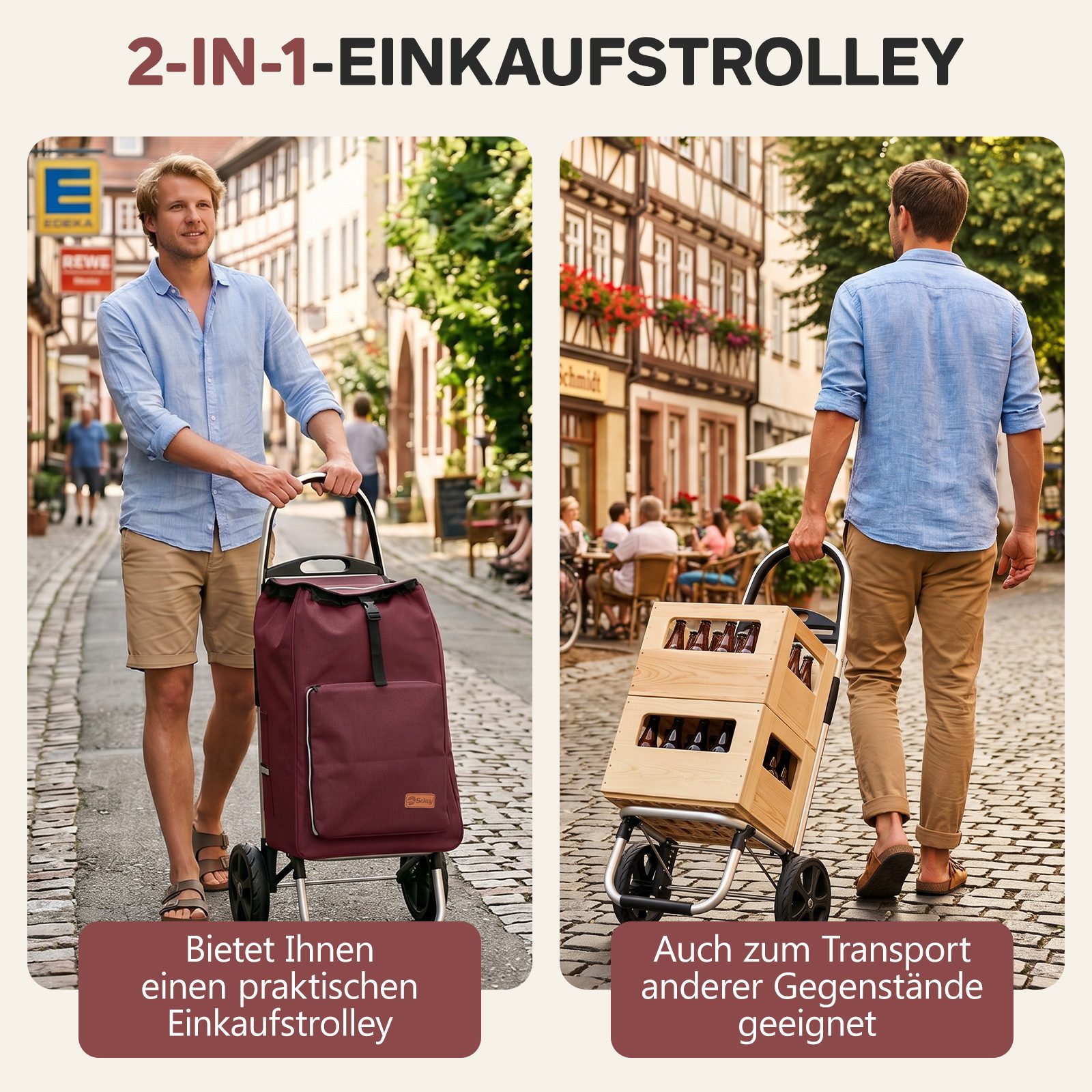 Sekey Einkaufstrolley 2 in 1 Klappbar Einkaufswagen mit Kühlfach - 50 Liter Einkaufsbeutel, 50 l, Faltbar Einkaufsroller mit großen Rädern und Sackkarren-Funktion