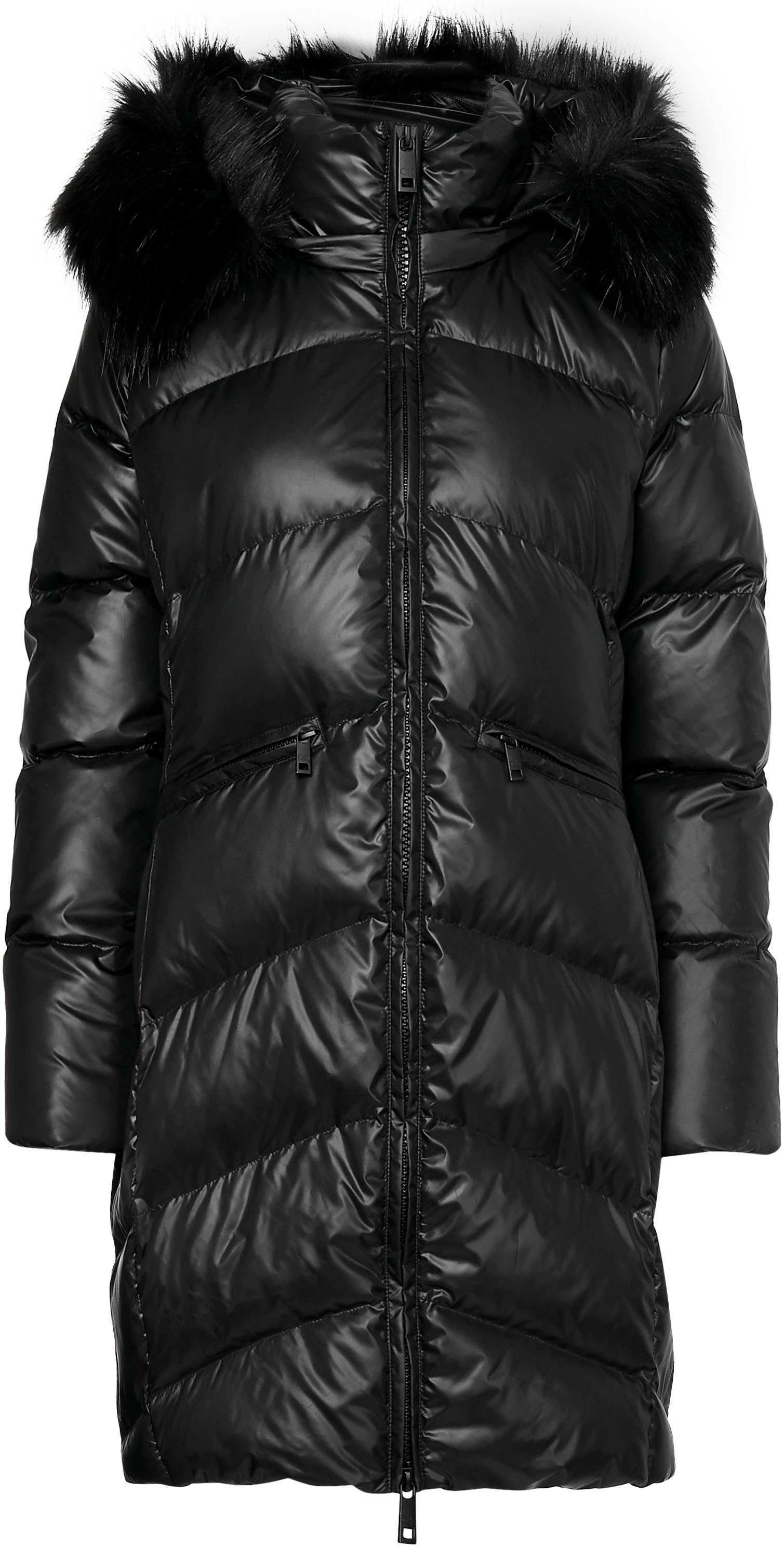 Calvin Klein INCLU ESSENTIAL Curve COAT praktischen schwarz Zippertaschen mit REAL DOWN Steppmantel
