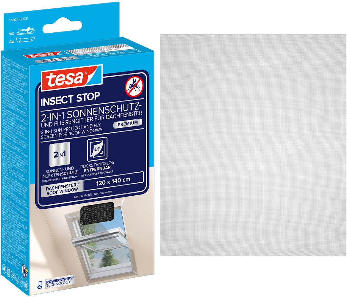 tesa Fliegengitter-Gewebe 2-in-1 Sonnenschutz- und Fliegengitter für Dachfenster Premium, (Packung, 1-St., Fliegennetz, Klettband, Andrück und Schneidehilfe), inkl. selbstklebendes Klettband