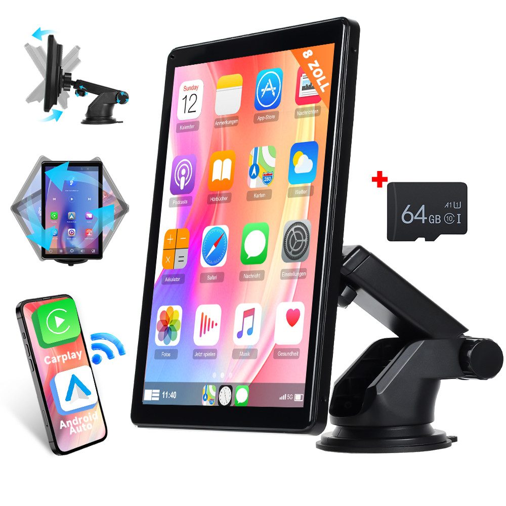 Drahtlose Carplay Bildschirm Android Auto 8" IPS Tragbares Autoradio Autoradio