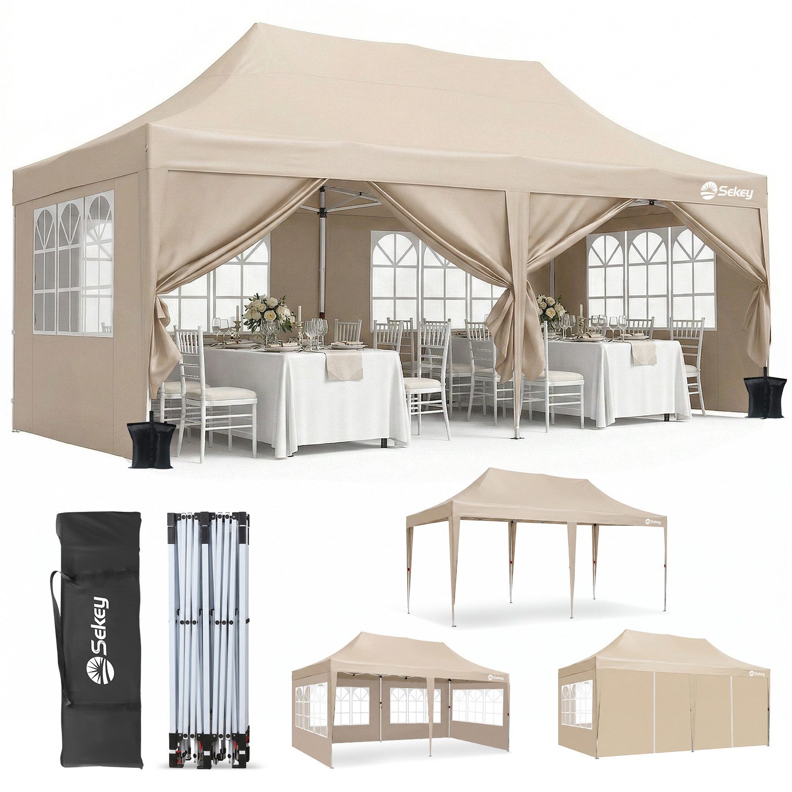 Sekey Faltpavillon Pavillons 3x6 m Partyzelte Gartenzelt Festzelt, Gartenpavillon mit 4 Seitenteilen und 2 Eingängen, Wasserdicht & UV50+