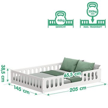 CADANI Kinderbett Monte weiss (abnehmbarer Rausfallschutz), Bodenbett, integrierter Lattenrost, Montessori, Zentraler Eingang