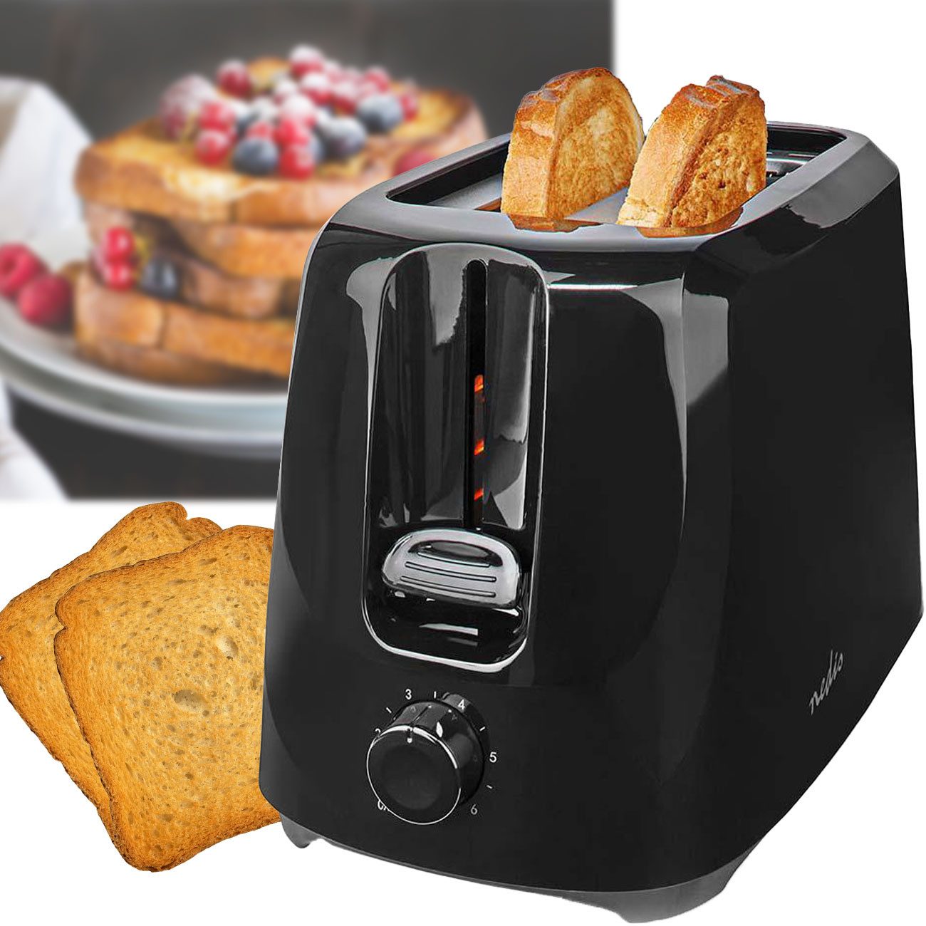 Nedis Toaster 2-Scheiben-Toaster 700W, 6 Röststufen, Krümelschublade, Schwarz, Kompaktes Design mit Kabelaufbewahrung