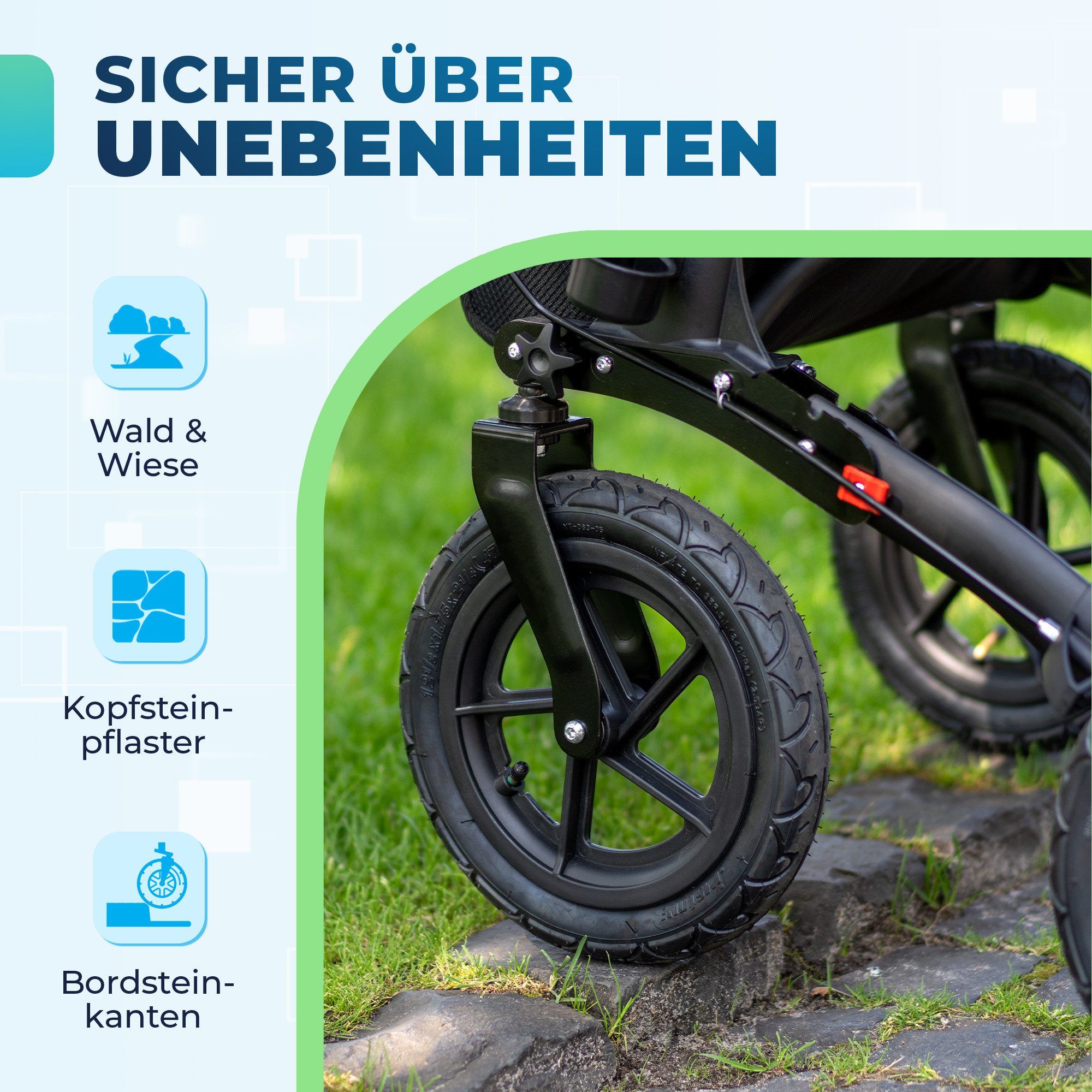 MEDOLY Rollator Outdoor Rollator, mit Luftbereifung & Faltbar -inkl. EInkaufstasche, Stockhalter