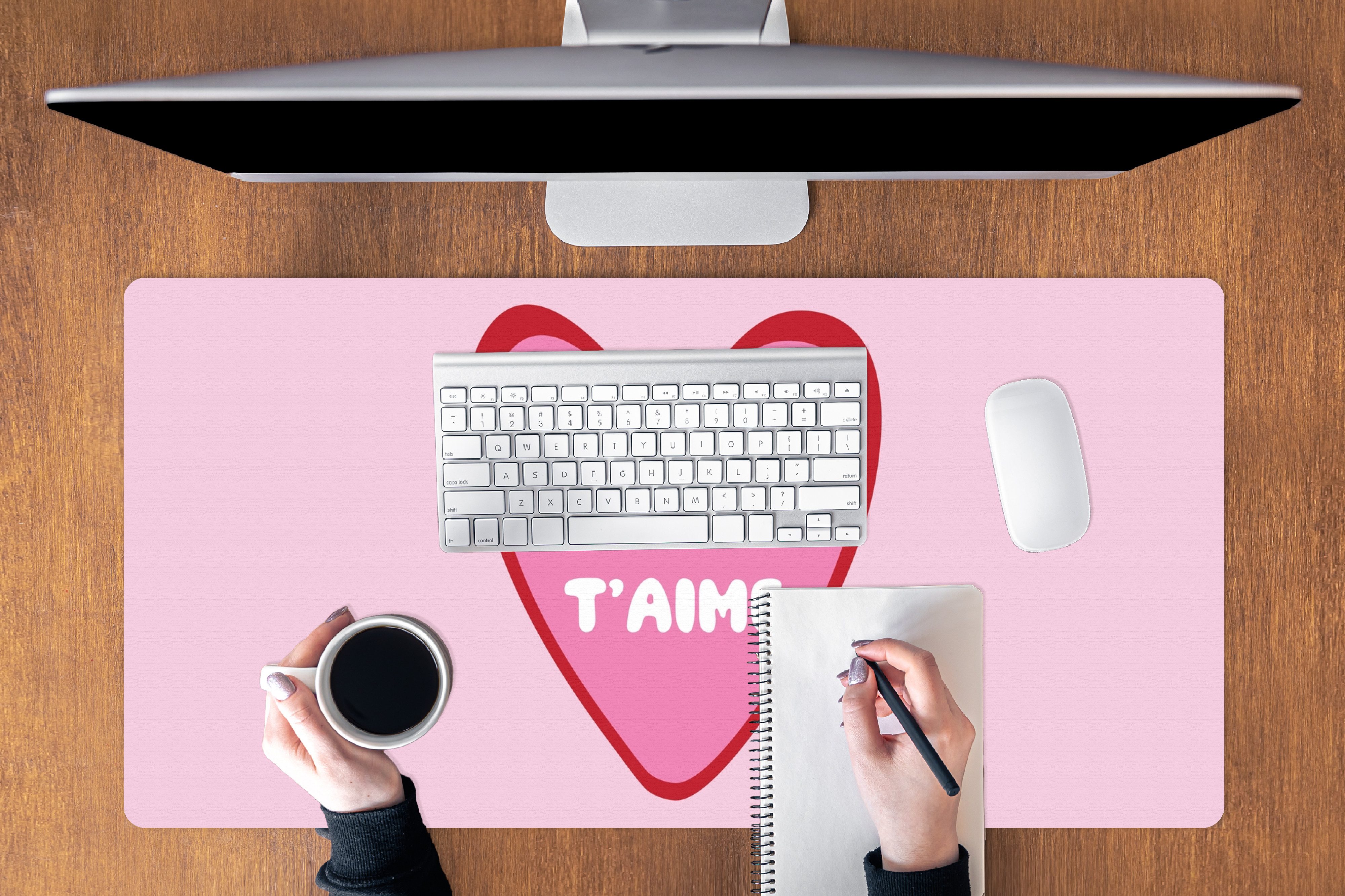 MuchoWow Mauspad Herz - Französisch - Valentinstag - Rosa (1-St), Schreibtischunterlage, Mousepad Gaming XXL, Großes, 100x50 cm