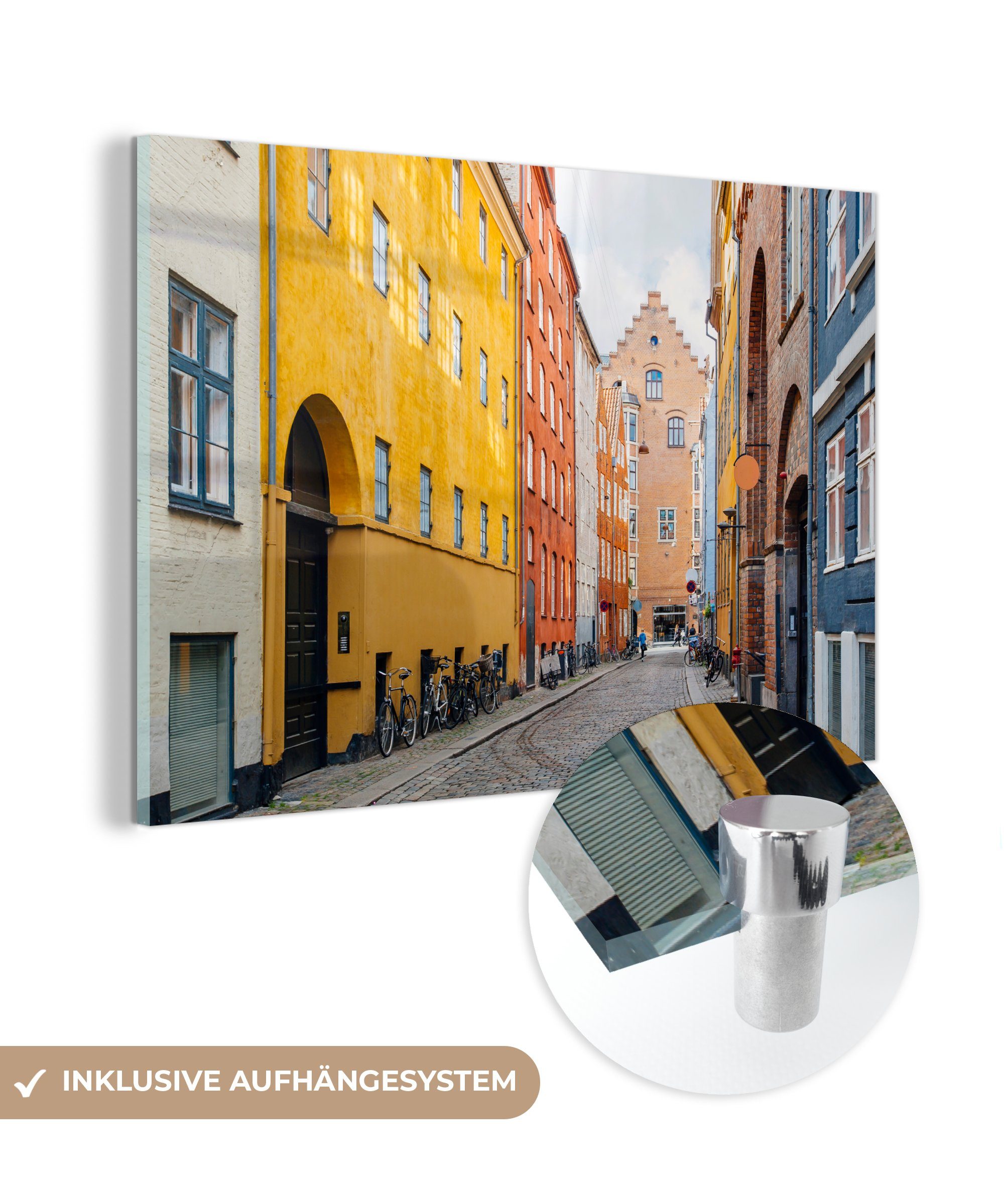 (1 Häusern MuchoWow in Straße & Acrylglasbilder St), bunten Wohnzimmer Dänemark, Acrylglasbild mit Schlafzimmer