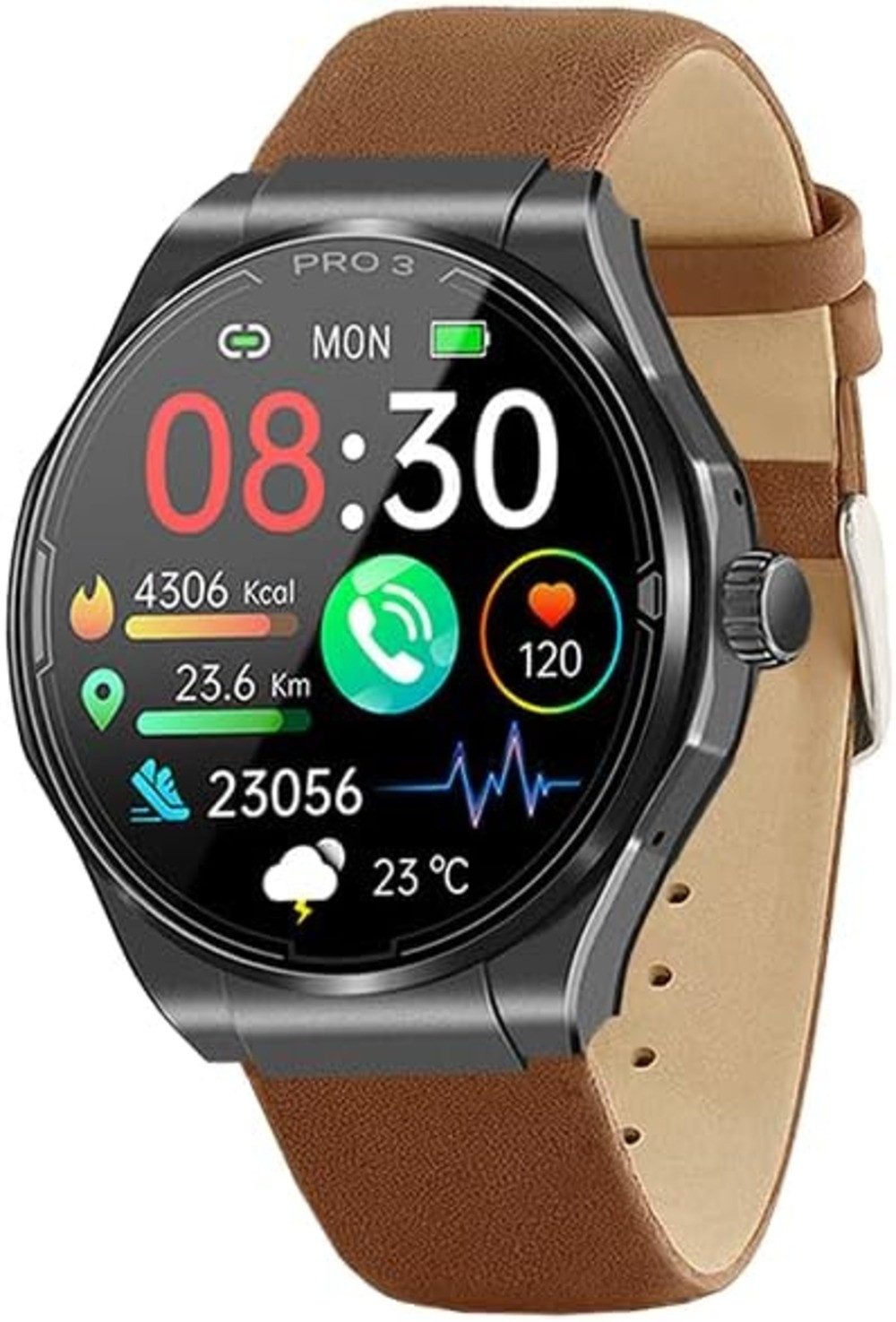 Knauermann PRO 3 Smartwatch (4,2 cm, android ios), Gesundheits Smartwatch mit Notruffunktion AMOLED Display