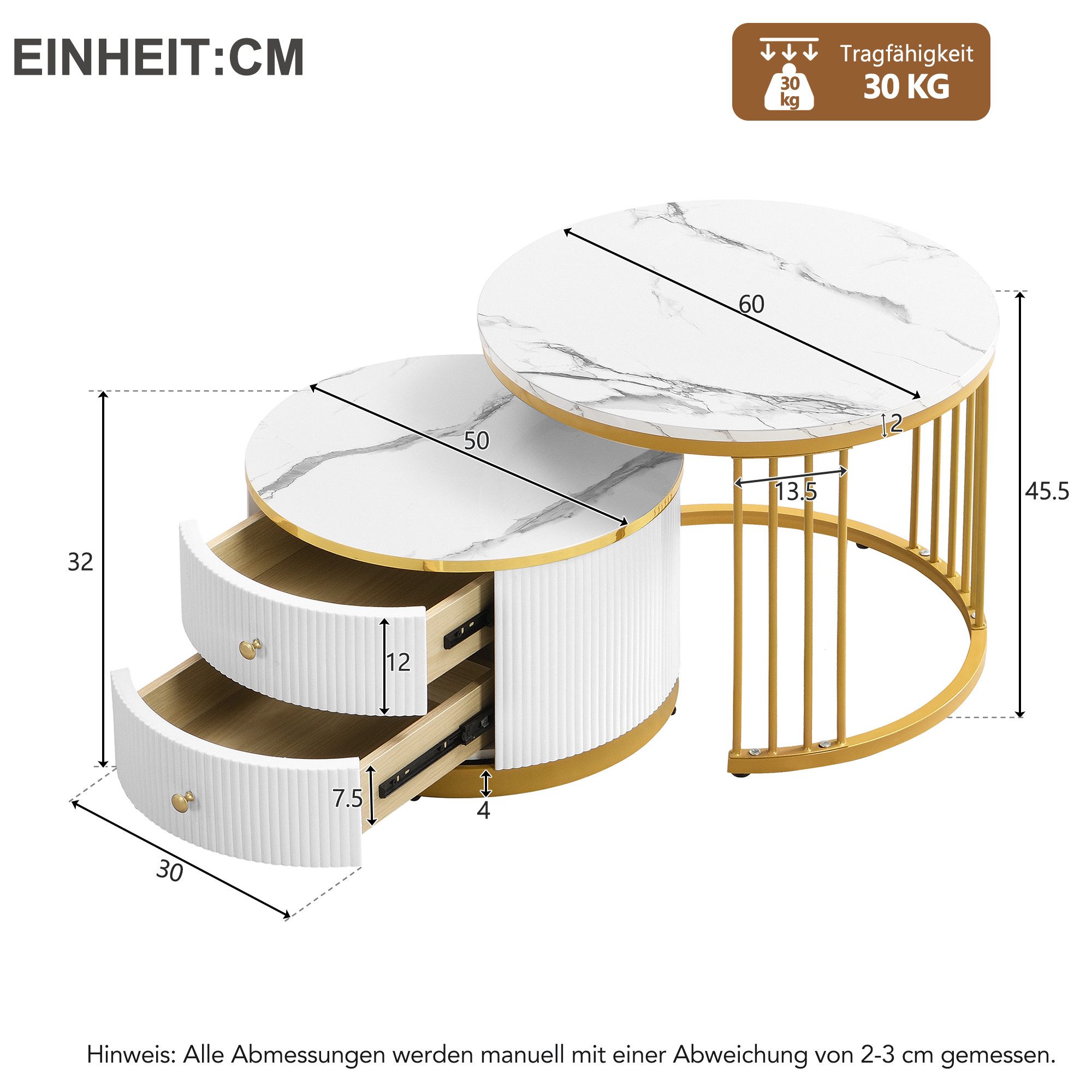 IDEASY Couchtisch Nesting Couchtisch-Set 2er weiß mit 2 Schubladen, 60+50cm (2 Schreibtische, Hochglänzende Marmoroptik, 2 Schubladen), MDF-Platten & Kunststofffüße, flexibles Nesting-Design