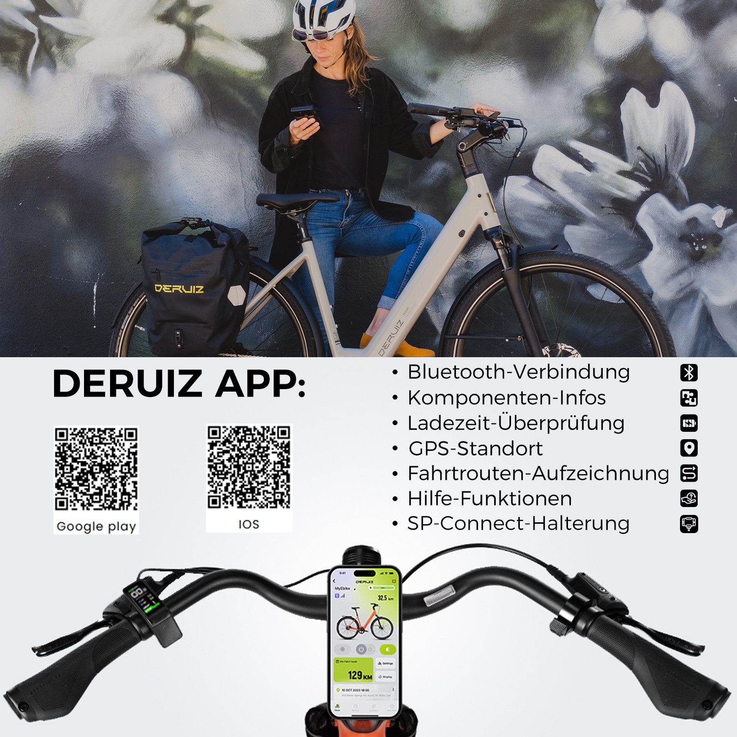 DERUIZ E-Bike Cityrad 28 Zoll, Carbon-Riemenantrieb, 110km, Bluetooth+APP, nur ca. 20kg, Heckmotor, 360 Wh, (Traglast ca. 140kg, Elektrofahrrad für Damen und Herren, Tiefeinsteiger), Kadenz- und Drehmomentsensor, Routenaufzeichnung, Aluminiumrahmen