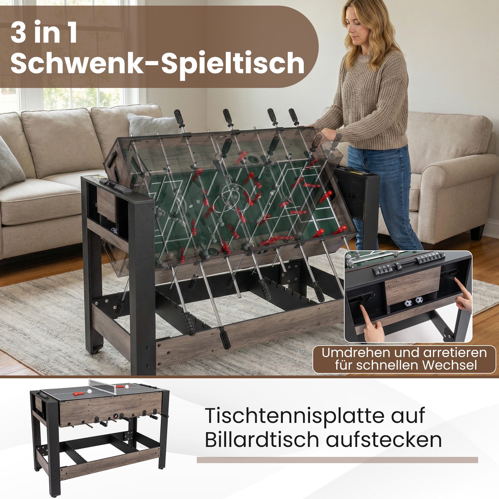 COSTWAY Kickertisch, 3-in-1 drehbarer Billardtisch, 49-Zoll Tischtennis