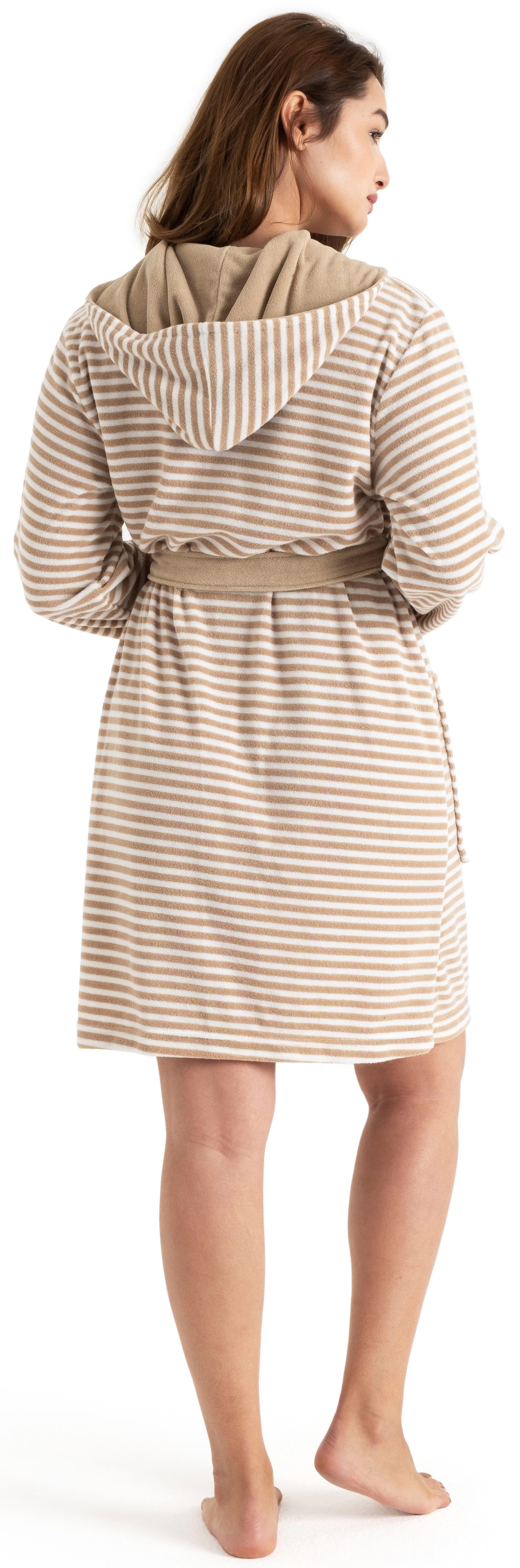 KangaROOS Damenbademantel Luana, ideal für Sauna & Spa, Hotelbademantel, Morgenmantel, Kurzform, Leichtfrottier, Kapuze, Gürtel, Streifen - Bademantel für Damen, gestreift, XS-3XL