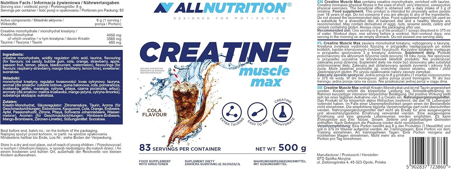 ALL NUTRITION Allnutrition Creatine Monohydrat Muscle Max 500g Pulver Pulver, Mikronisiertes Kreatin-Monohydrat
