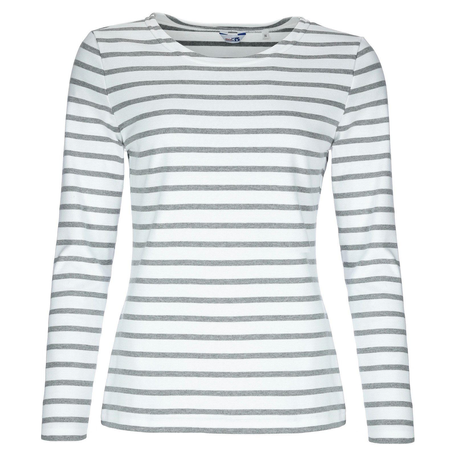 modAS Langarmshirt Damen Langarm-Shirt mit Streifen Bretonisches Streifenshirt Baumwolle (19) weiß / grau-melange