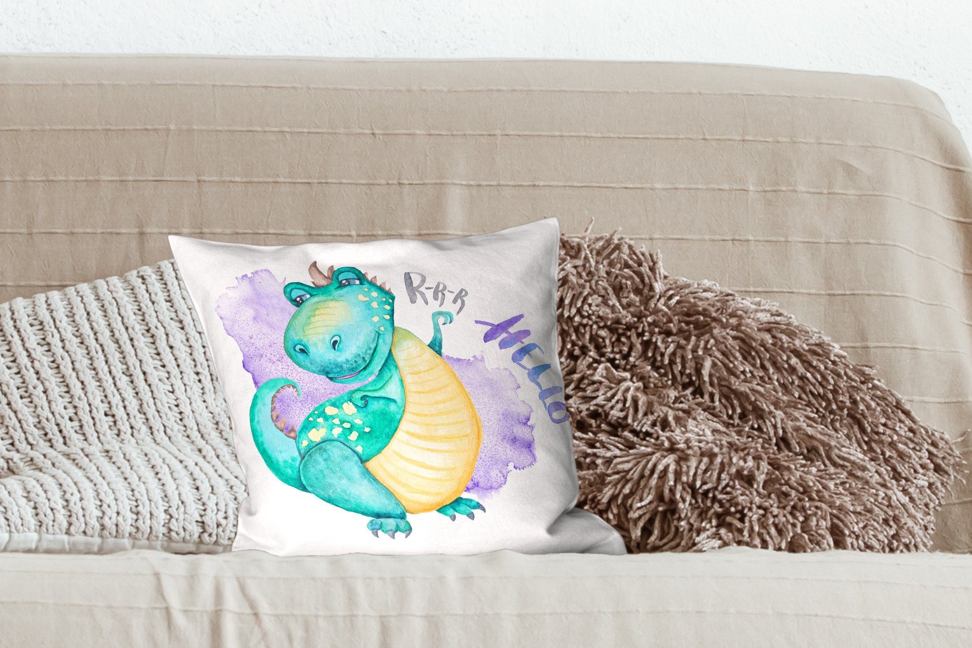 Blau Kind, Mädchen Füllung für - Schlafzimmer, Jungen MuchoWow Sofakissen Dekokissen Dinosaurier mit - Zierkissen - - Wohzimmer, - Deko, Kinderzimmer