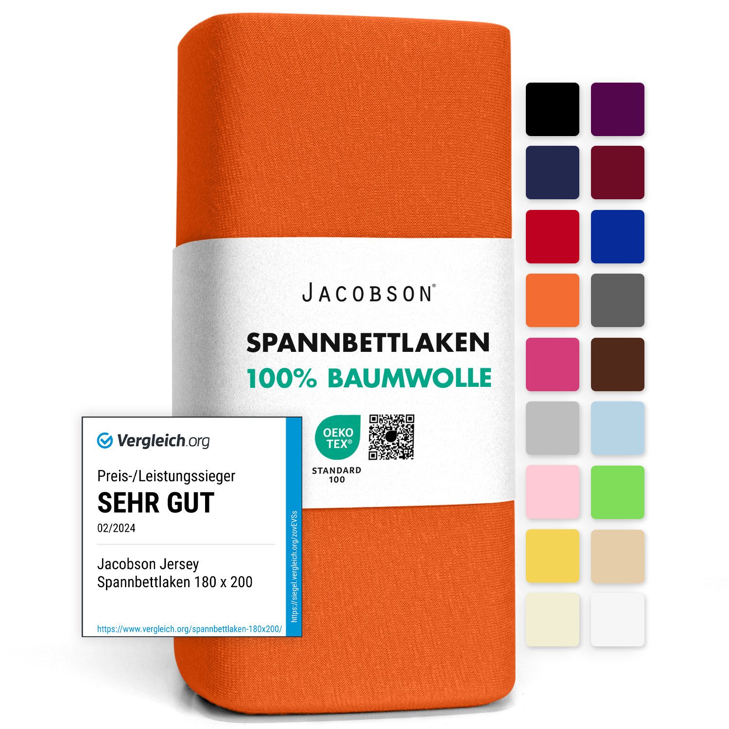 Jacobson Spannbettlaken aus 100% Baumwolle, Jersey Bettlaken 160 g/m², Spannbetttuch mit Gummizug, pflegeleicht & viele Farben