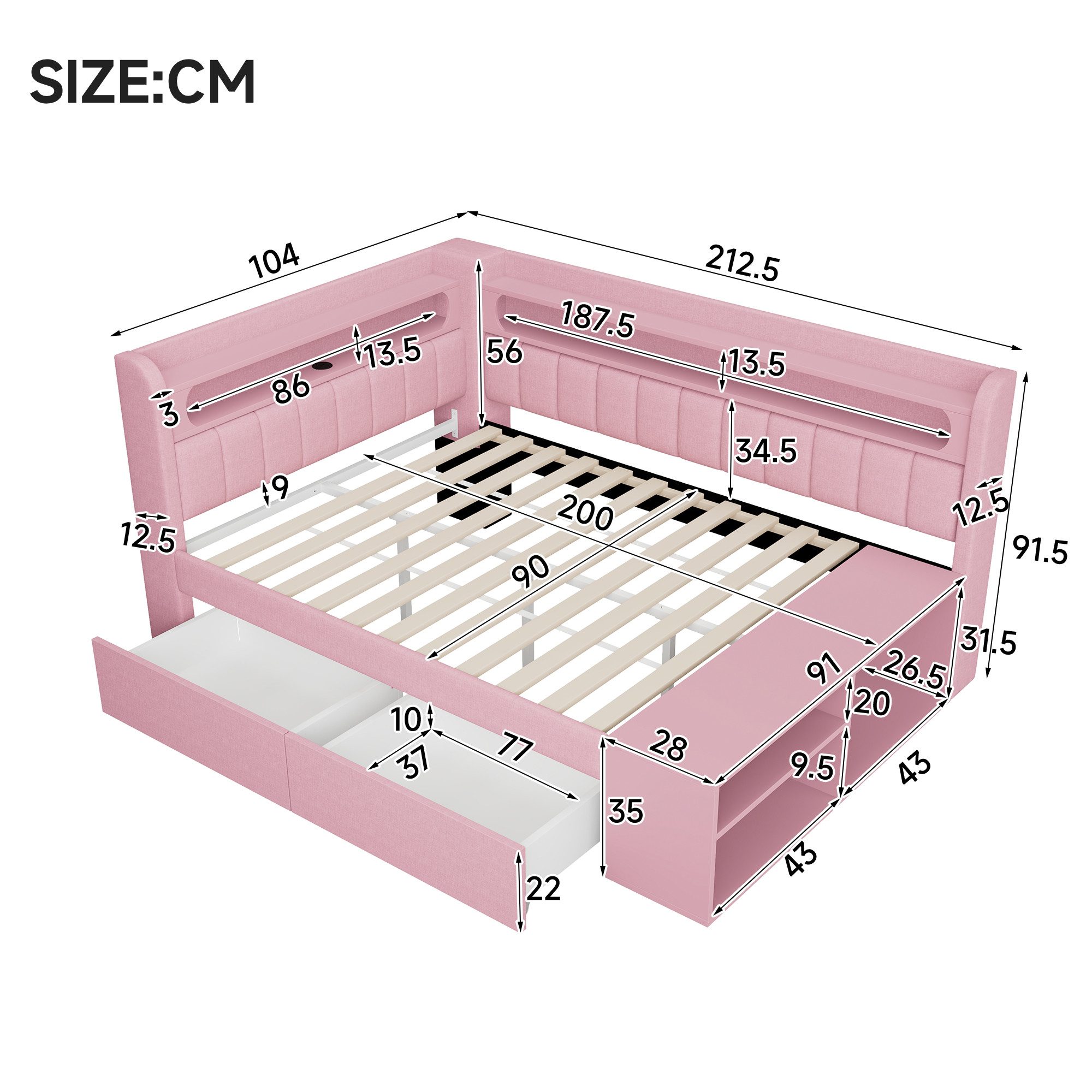 Merax Daybett 90x200cm mit USB-Anschluss & LED-Lichtleiste (Jugendbett Einzelbett Kinderbett, 1 tlg), Schlafsofa Tagesbett mit Schuhschrank, 2 Schubladen & Abla – Bild 5 von 5