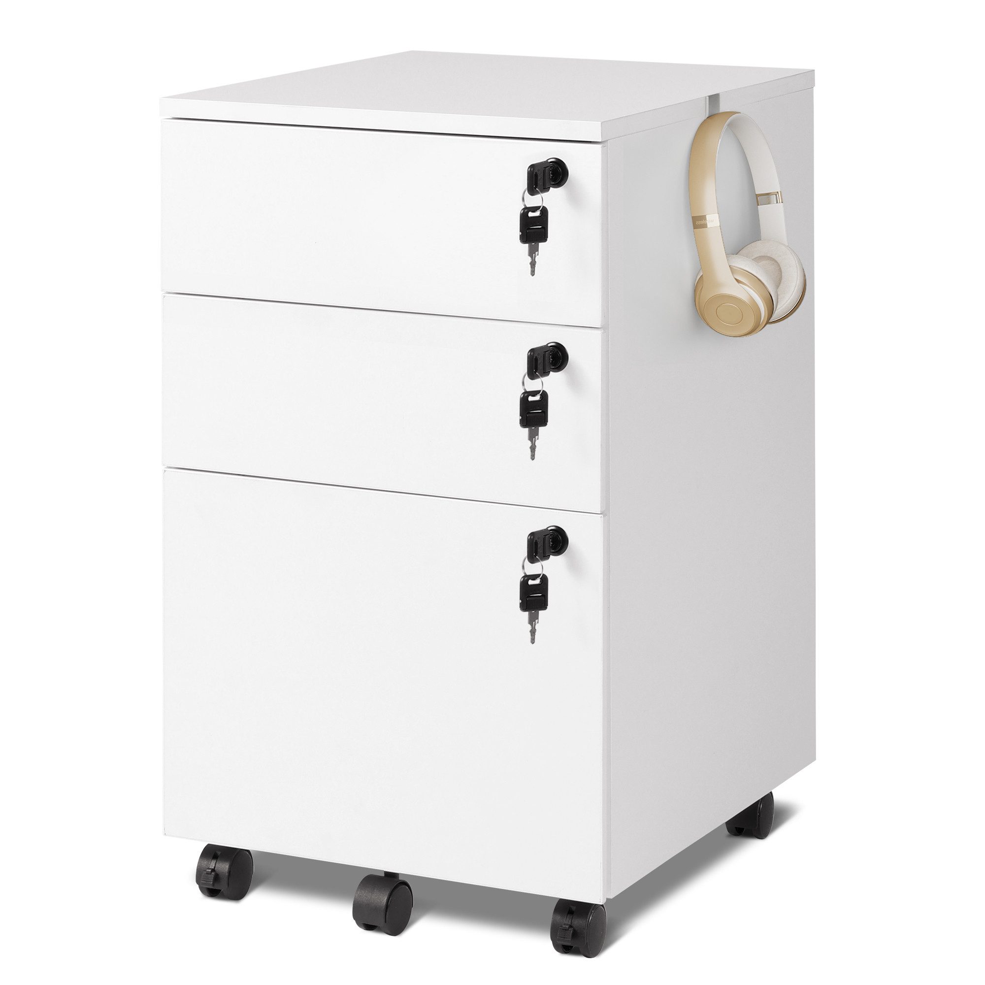 DEVAISE Rollcontainer Mobiler Aktenschrank mit 3 Schubladen, (Druckertisch für DIN A4/Legal/Letter), 3 Schlüssel, Schreibtisch Unterschrank für Büro und Home Office