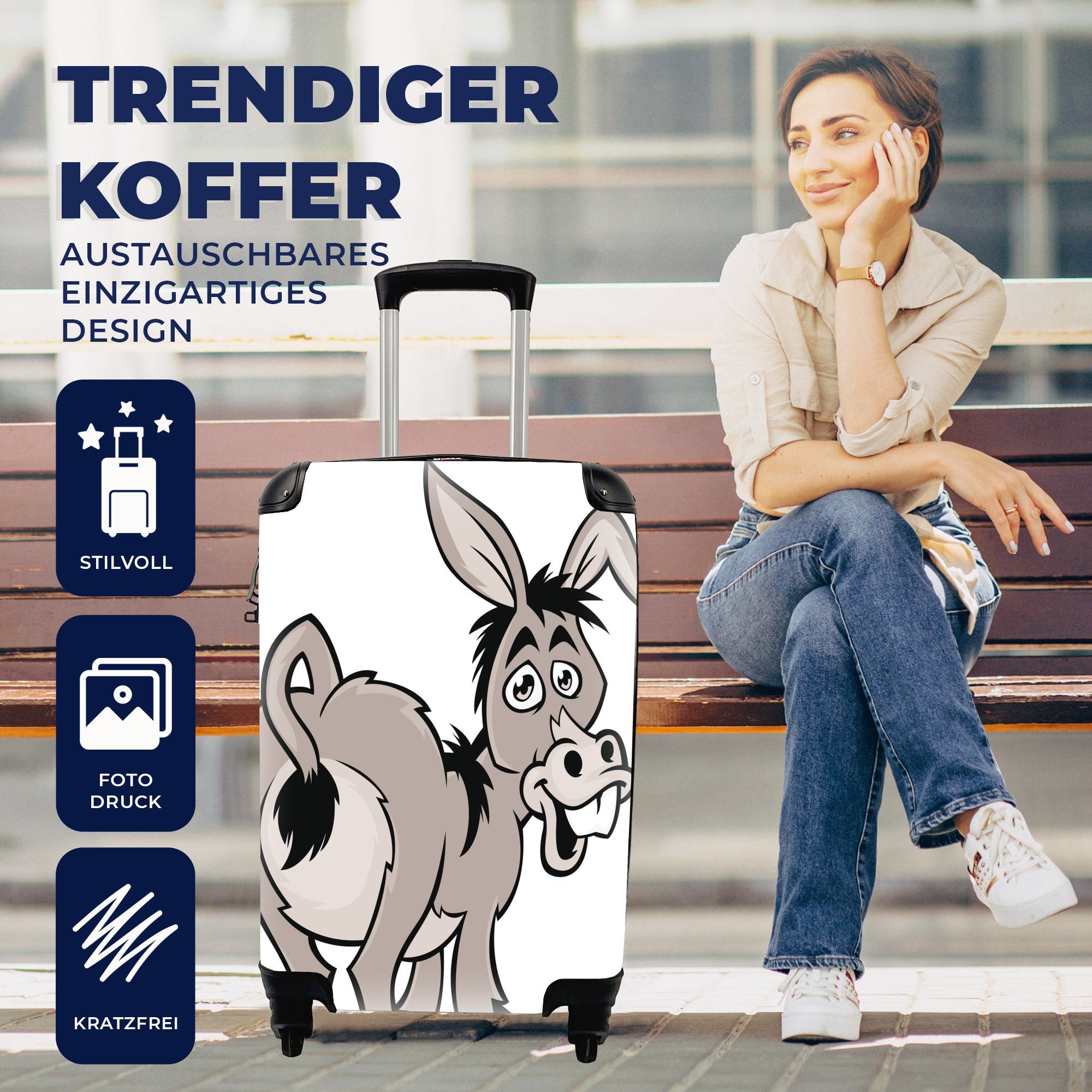 MuchoWow Handgepäckkoffer Cartoon-Illustration eines Esels, mit Rollen, Ferien, Reisetasche 4 für Trolley, rollen, Handgepäck Reisekoffer