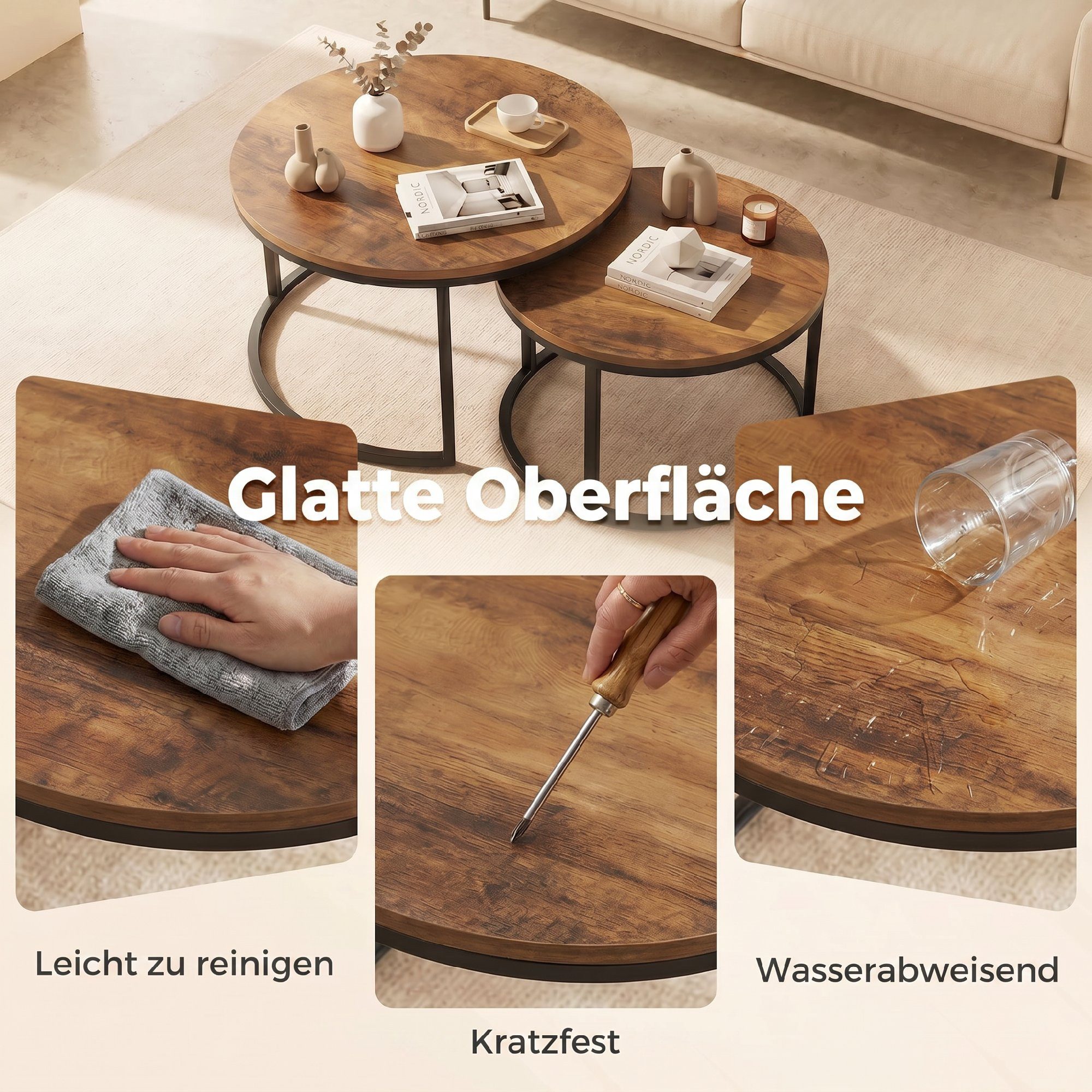 OKWISH Couchtisch Rundes Tischset 2-teilig Braun mit Metallrahmen im Industriestil (Packung, 2-St., Moderne Ablagetische mit stabilem Metallgestell), Beistelltische für Wohnzimmer und Schlafzimmer geeignet