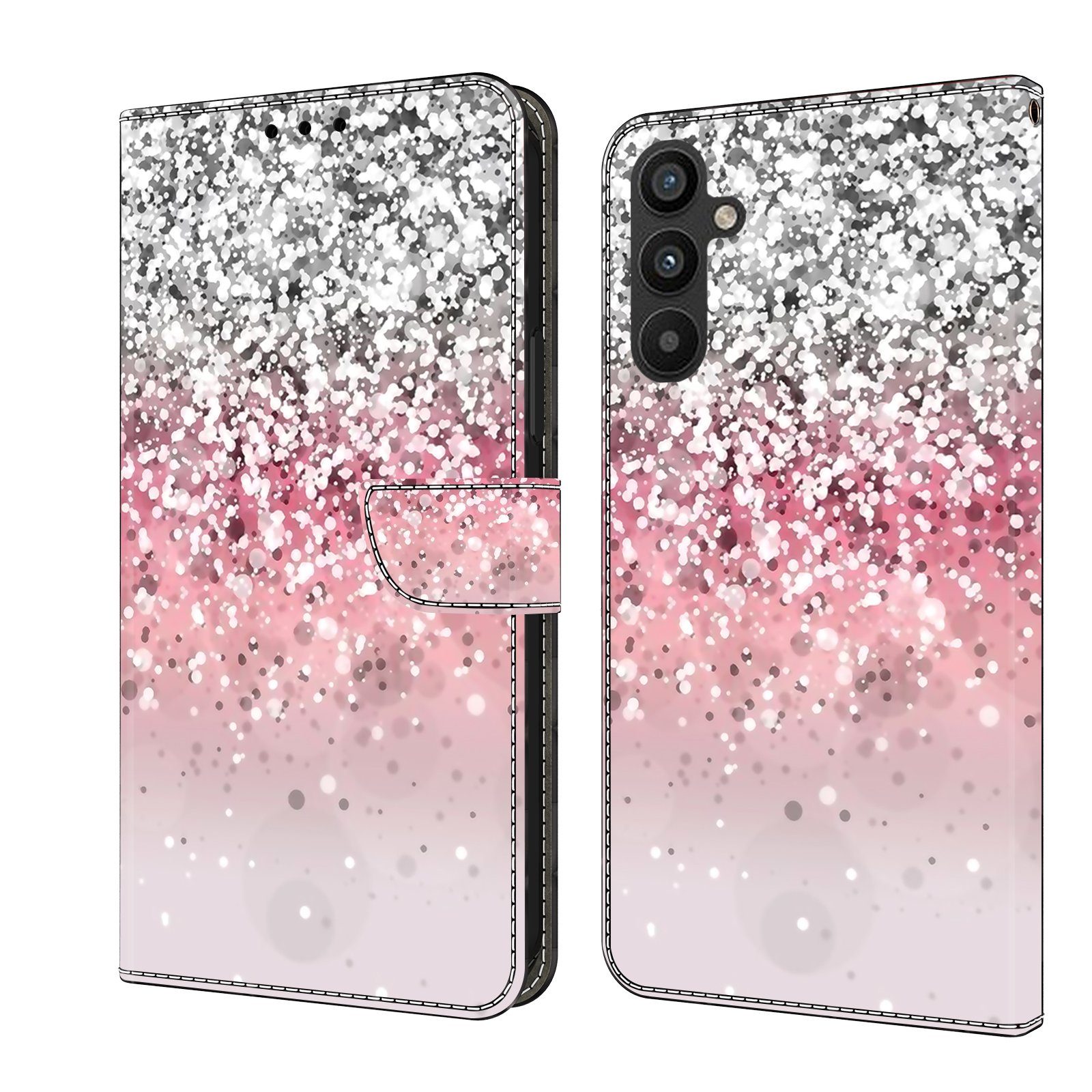 CLM-Tech Handytasche für Samsung Galaxy A15 5G Hülle Tasche aus Kunstleder Klapphülle (silber rosa, Handyhülle Wallet Flip Case Cover Etui), Schutzhülle mit Standfunktion, Kartenfächer, und Magnetverschluss