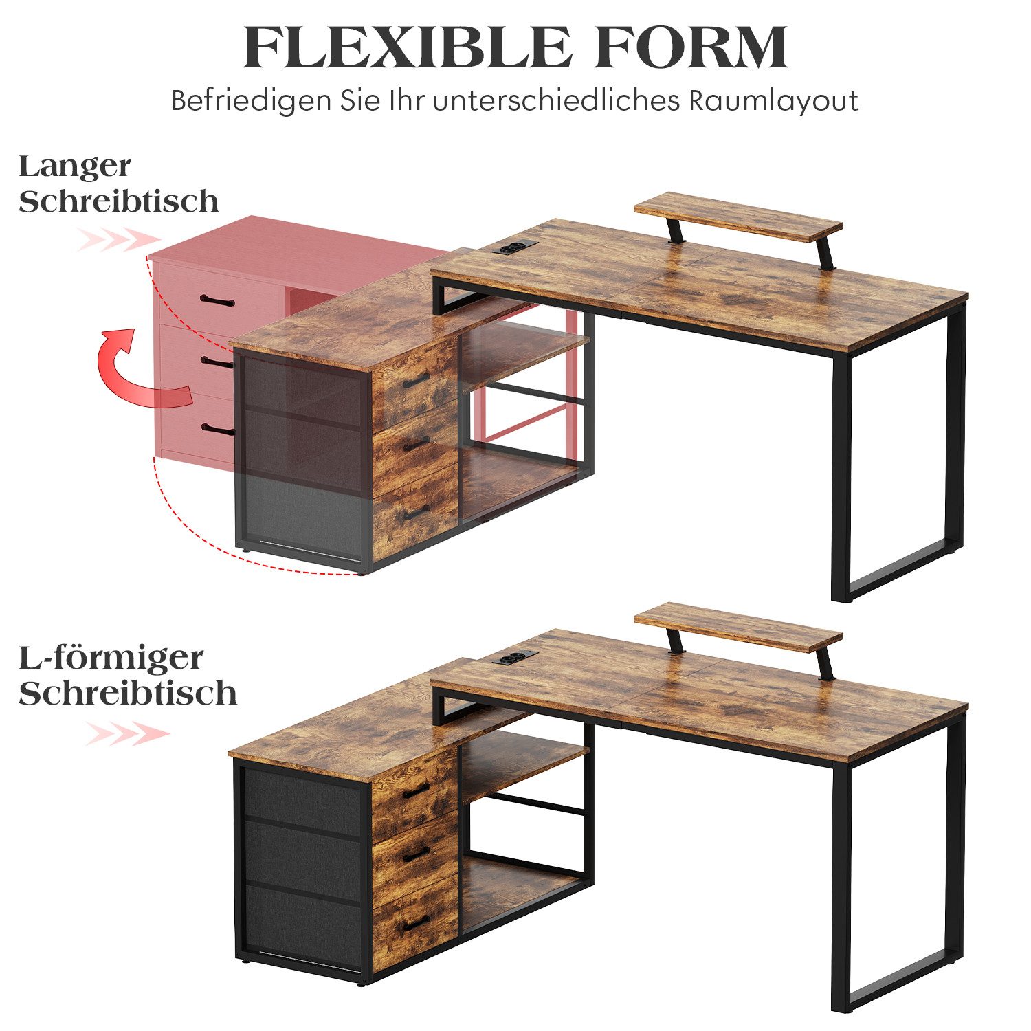 HOMALL Schreibtisch L-förmiger Eckschreibtisch mit USB-Anschluss und zwei Steckdosen. (Abmessungen: 140 x 105 x 75 cm, L-förmiger Schreibtisch Gamingtisch, umwa – Bild 3 von 5