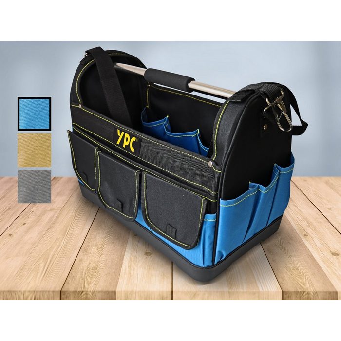 YPC Werkzeugtasche &quot;Pioneer&quot; Werkzeugkorb XXL offene Werkzeugtasche mit Metallgriff 45x35x23cm 20 kg Tragkraft Tragetasche für Werkzeug mit Haltern Fächern und Einschüben