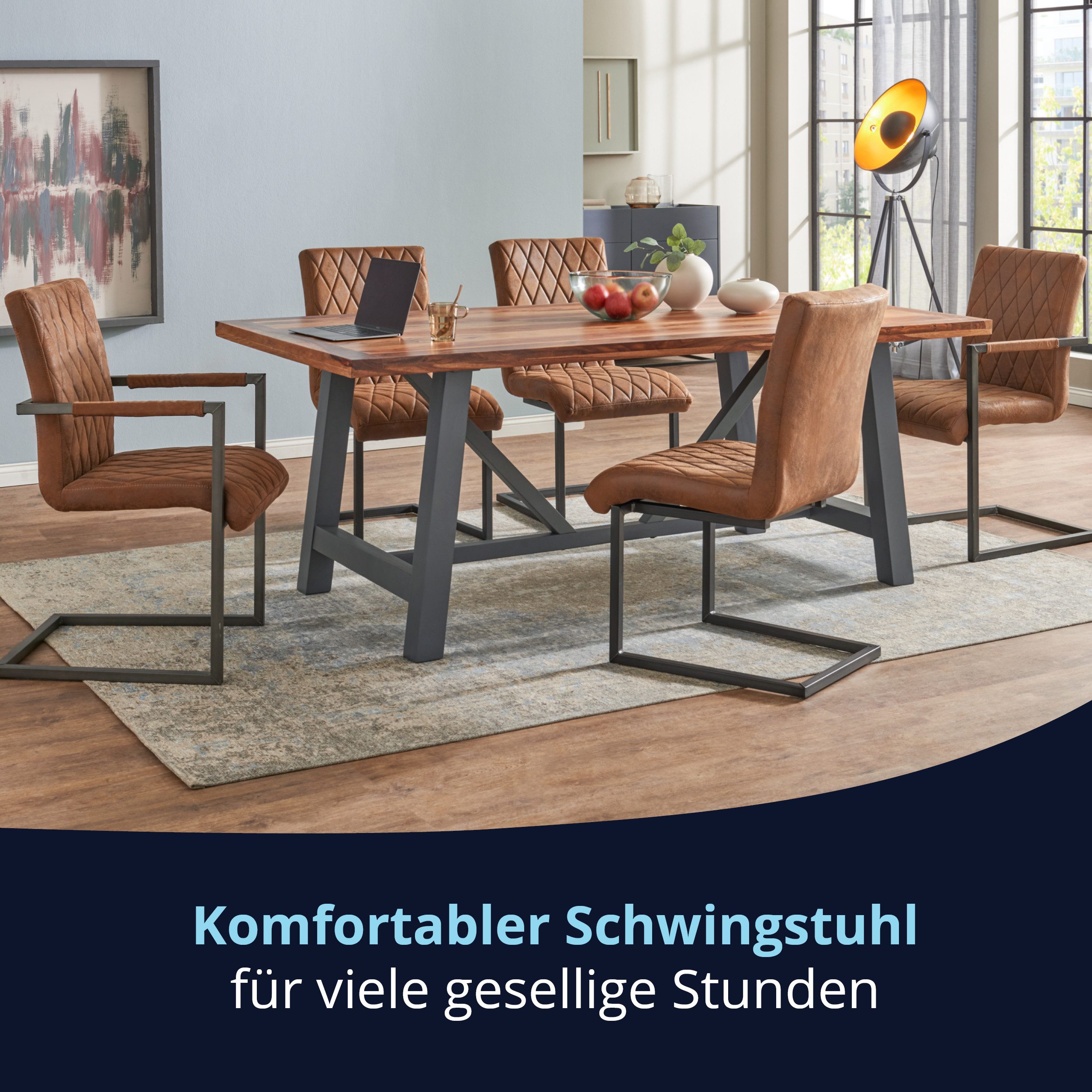 KHG Freischwinger Esszimmerstuhl Mikrofaser Braun, bis 110 kg belastbar, Vintage Stil, gepolstert, Nosag-Wellenfederung, Metallgestell Schwarz, mit Armlehnen