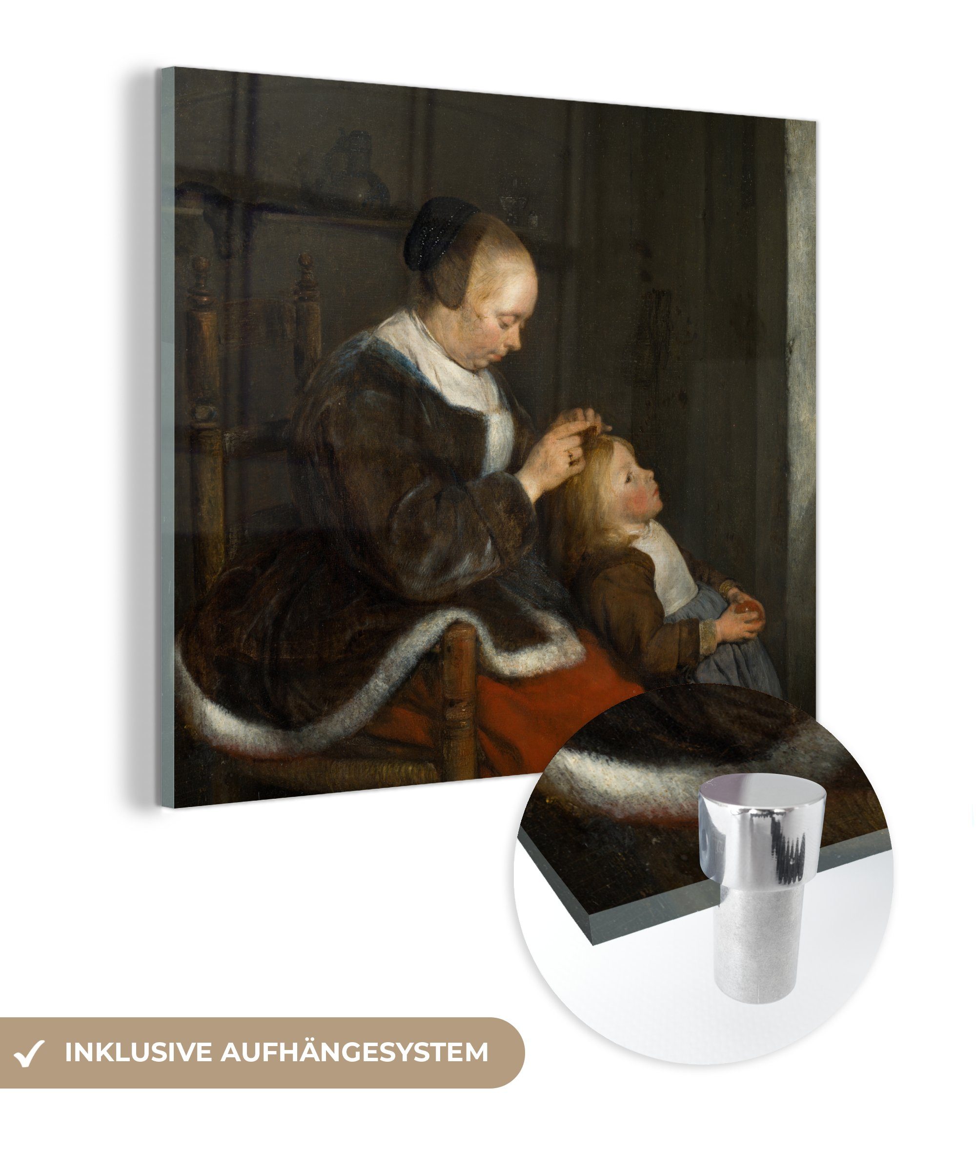 MuchoWow Acrylglasbild Die Läusejagd - Gemälde von Gerard ter Borch, (1 St), Glasbilder - Bilder auf Glas Wandbild - Foto auf Glas - Wanddekoration