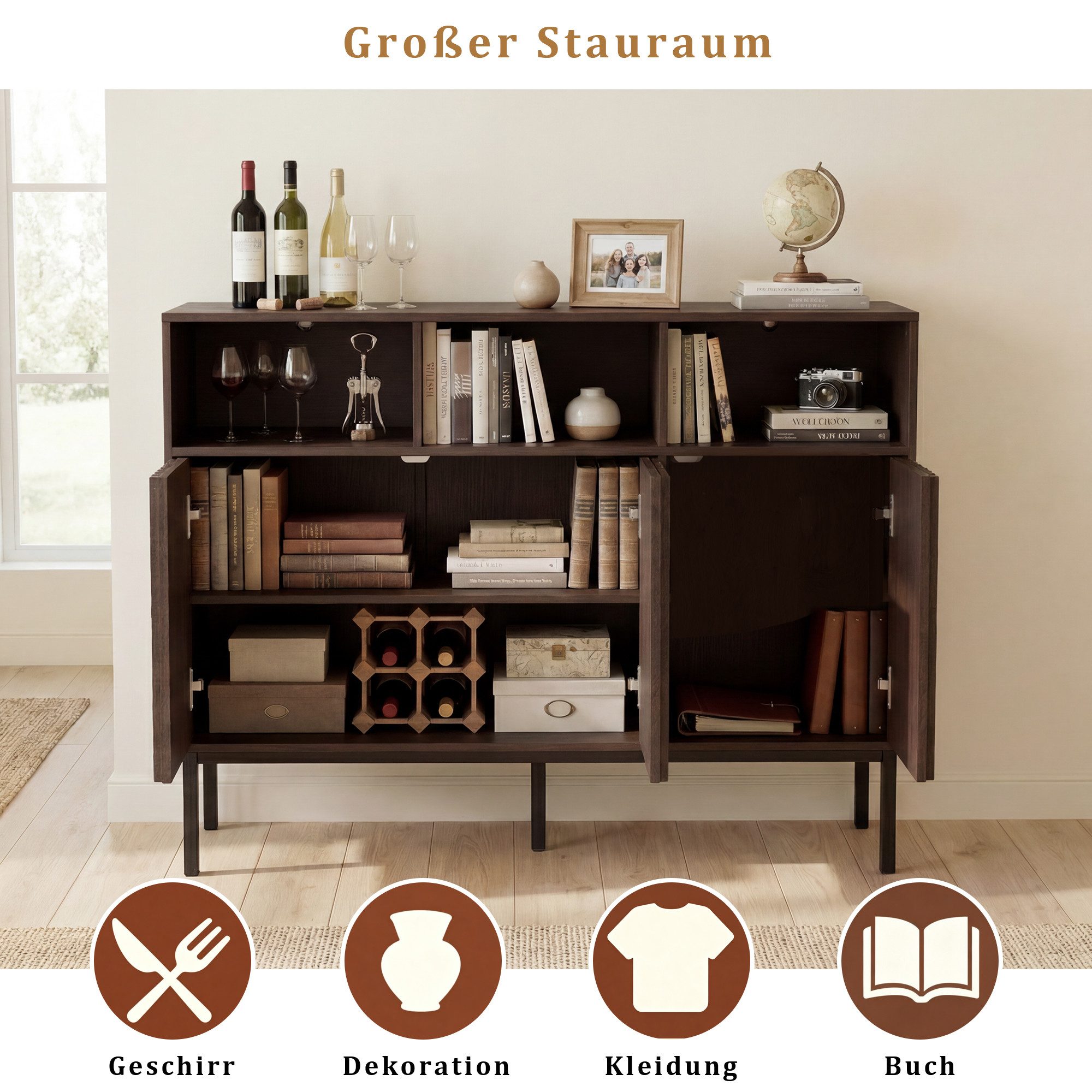 UEV Sideboard Küchenschrank mit 3 Türen & 3 offenen Fächern, Sideboard mit 3 Türen, 105 x 39 x 80cm