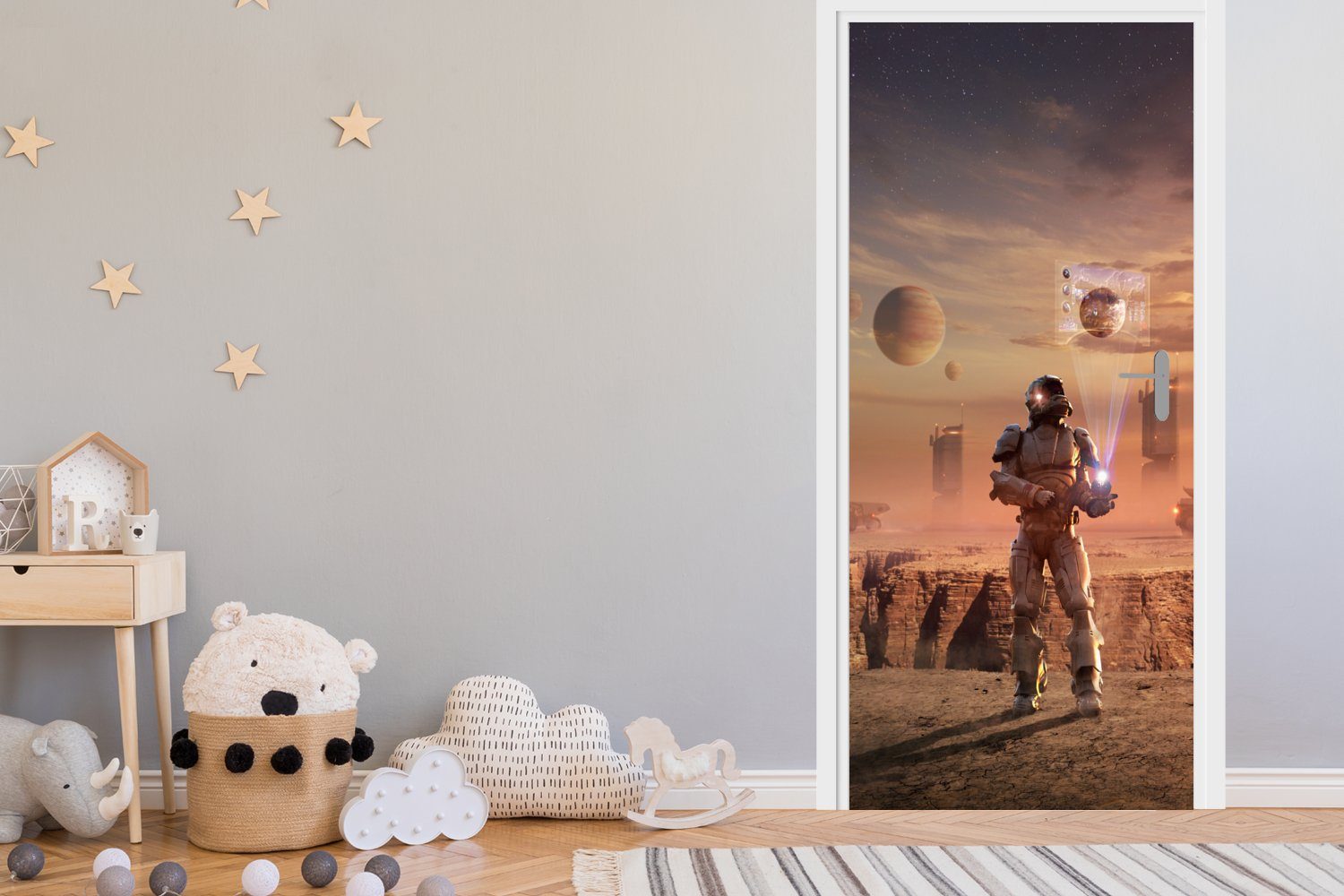 Astronaut Tür, cm 75x205 dem Matt, Fototapete St), MuchoWow Türaufkleber, Mars, bedruckt, Türtapete (1 auf für Ein