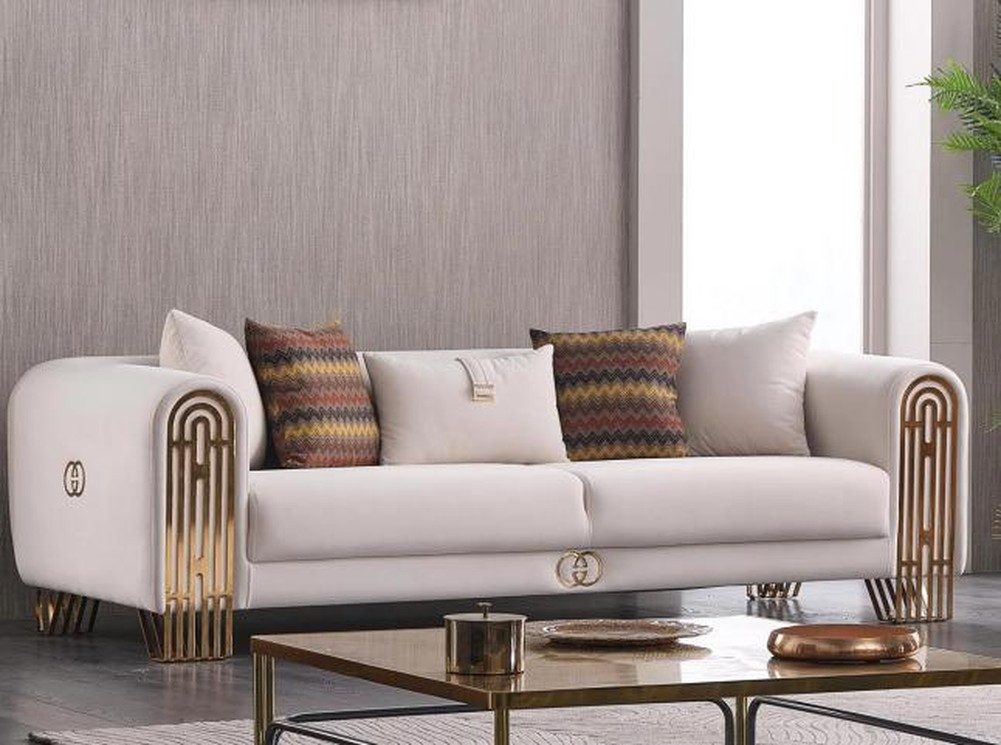 3-Sitzer Weißes Sofa mit Textilbezug und Edelstahlfüßen für modernes Wohnen