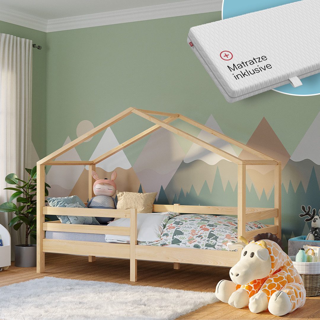 Bellabino Hausbett Abia mit Lattenrost und Rausfallschutz, 90x200 cm (natur, mit Matratze), Kinderbett verfügbar in verschiedenen Ausführungen
