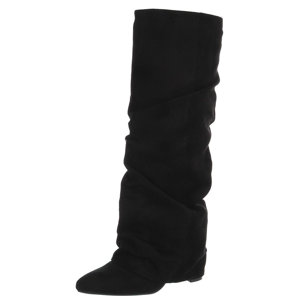 Ital-Design Damen Kniehoher Stiefel mit gerafftem Schaft High-Heel-Stiefel (92125274) Blockabsatz Stiefel in Schwarz
