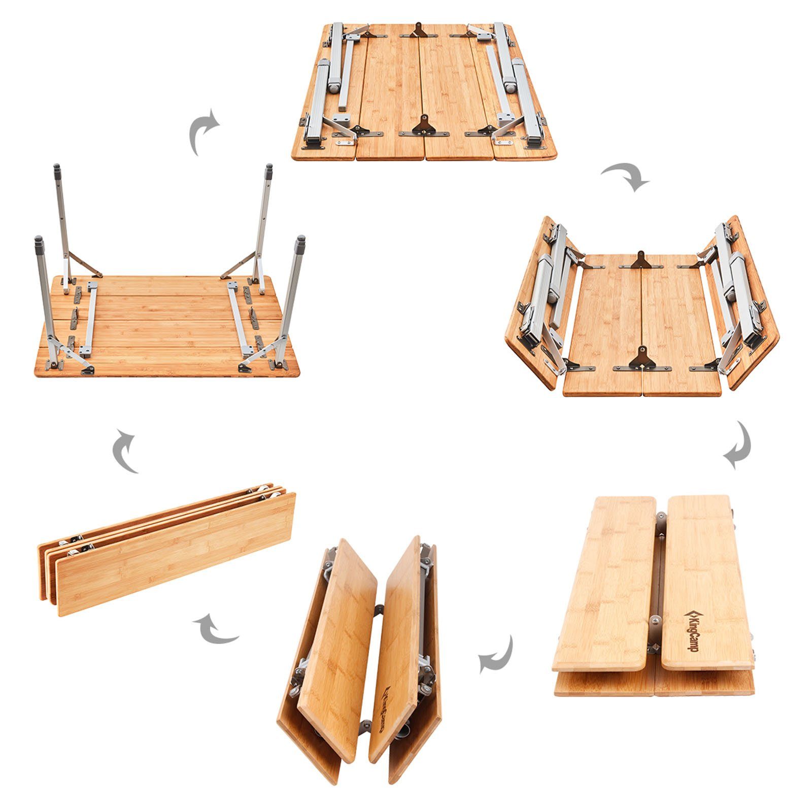 KingCamp Bambus Campingtisch - Faltbarer Klapptisch 3 Höhen Verstellbar