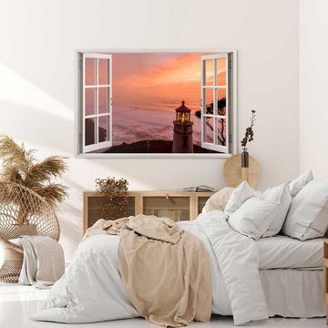Sinus Art Leinwandbild Wandbild 120x80cm Fensterbild Meer Wellen Horizont Leuchtturm Abendrot, (1 St)
