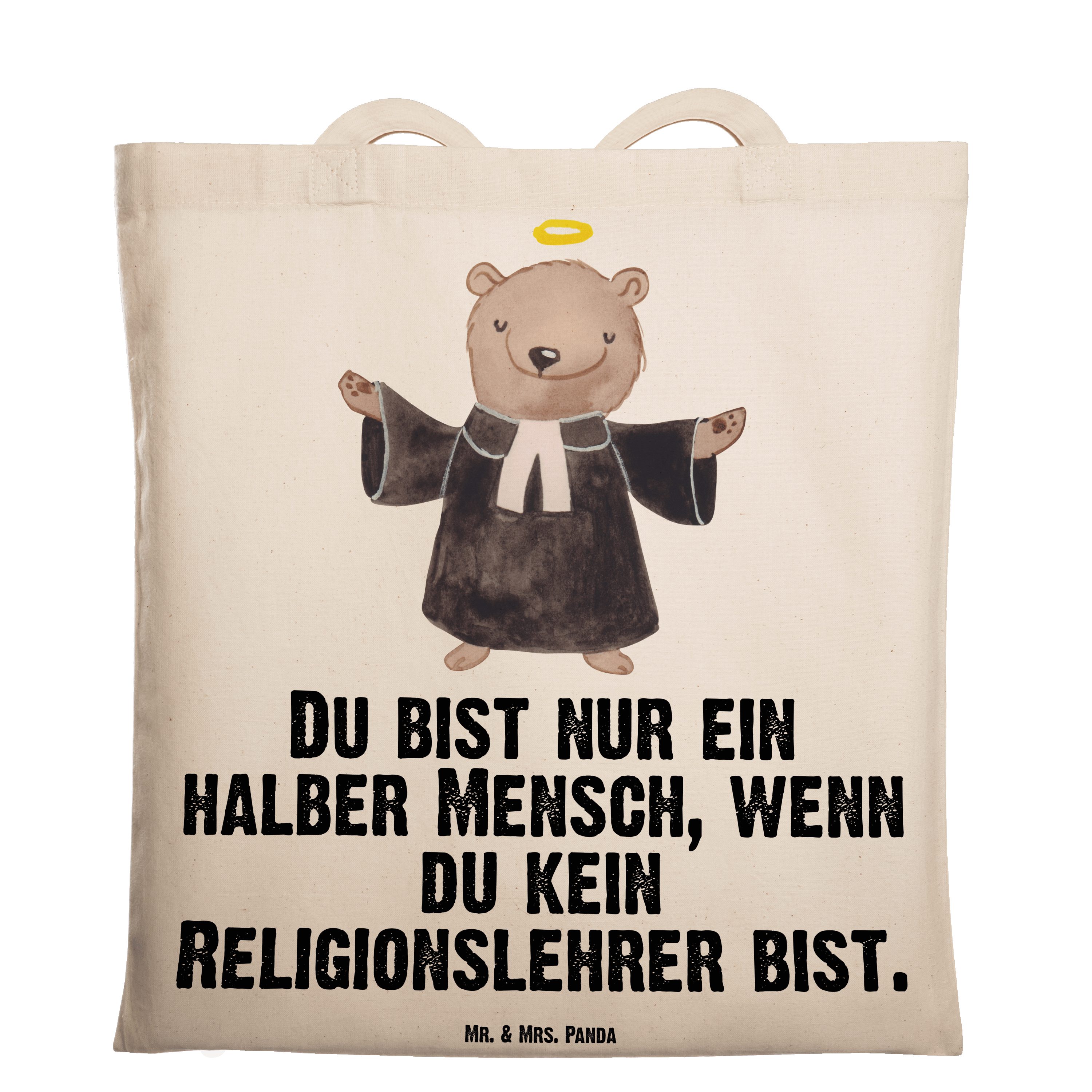 Geschenk, & Mrs. Religionslehrer Tragetasche Panda Mr. Stoffbeutel, mit - Grund Herz (1-tlg) - Transparent