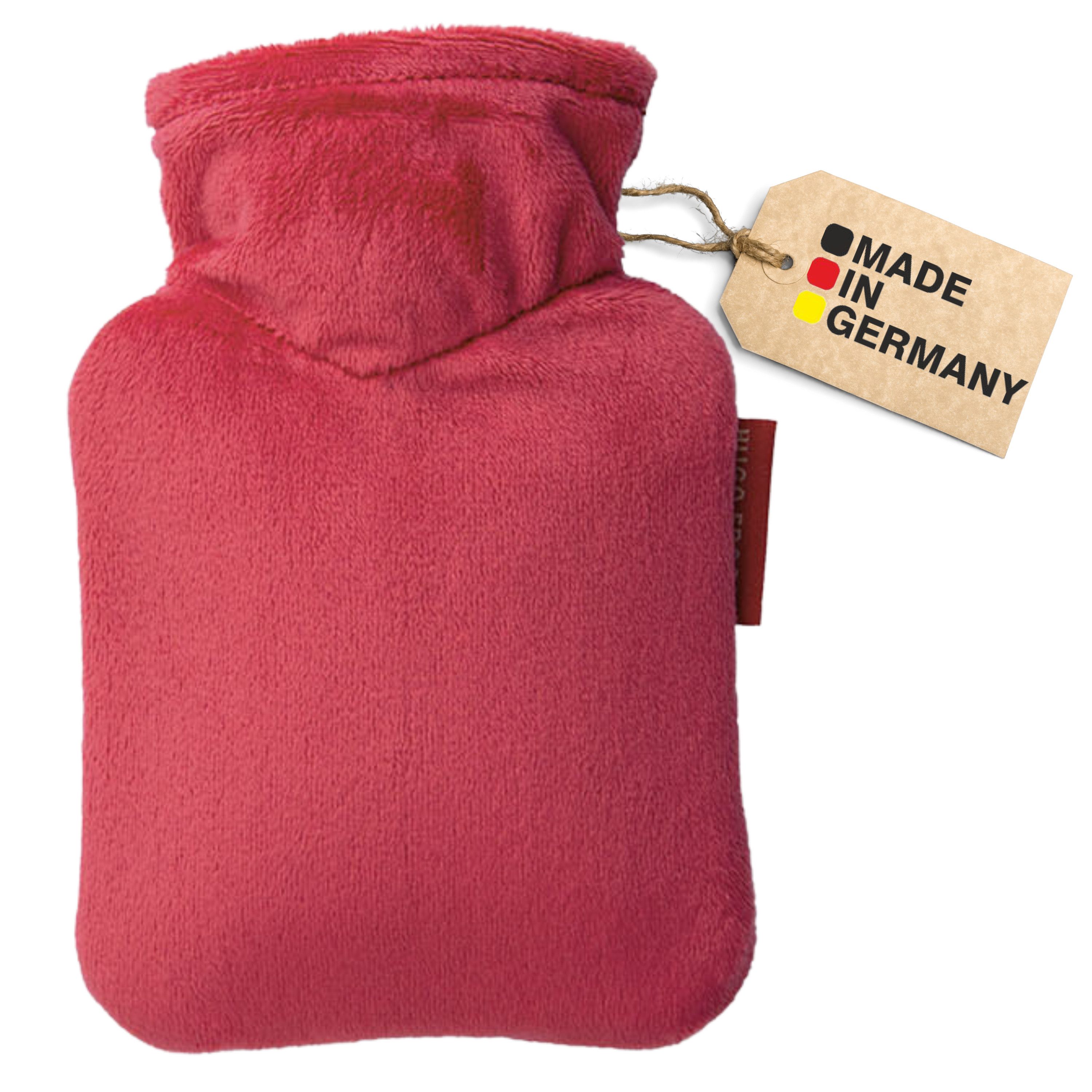 Hugo Frosch Wärmflasche Klassik Mini 0,2 l Handwärmer Made in Germany mit Veloursbezug, Tomatenrot - langlebige Bettflasche, waschbarer Überzug