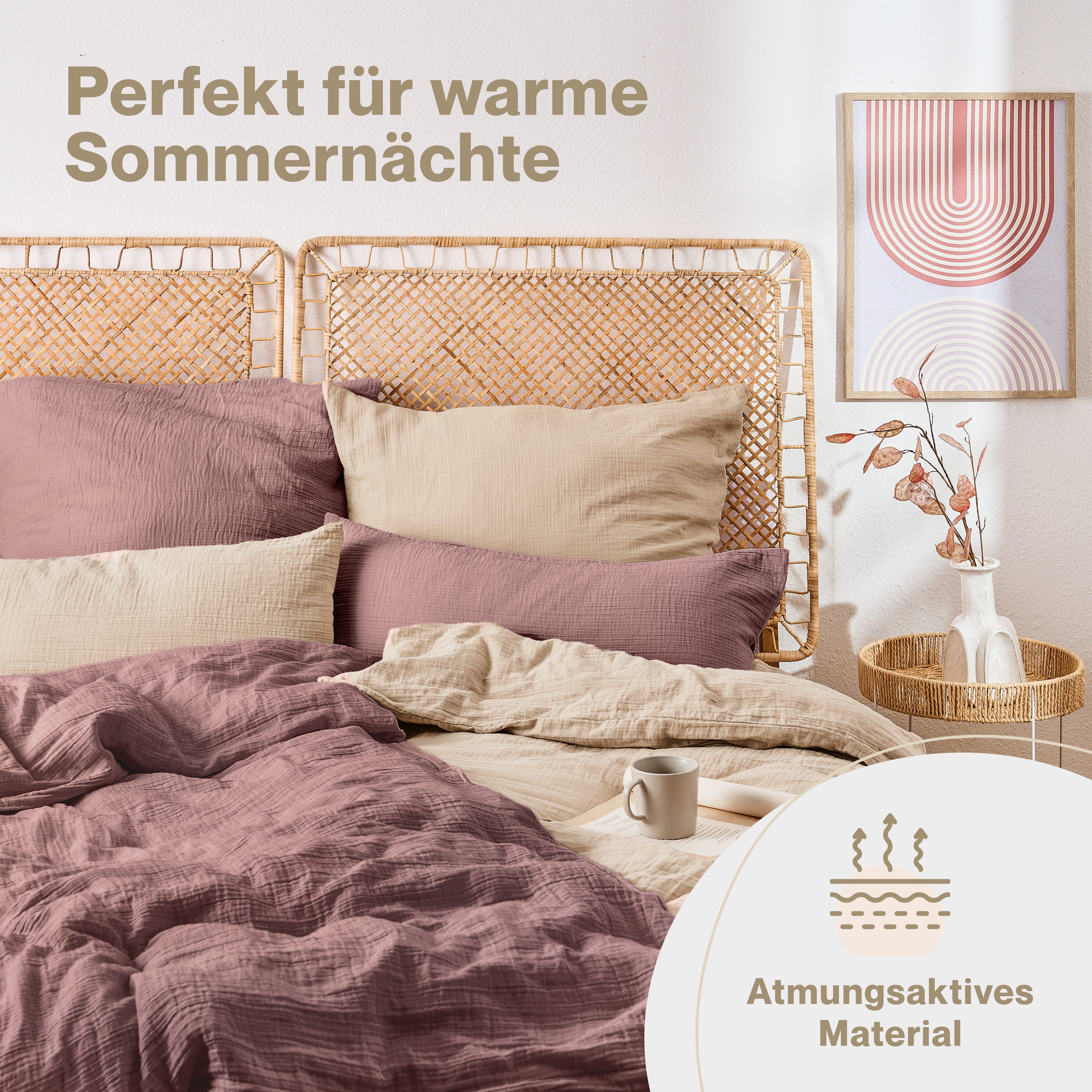 Blumtal Bettwäsche Musselin 100% Baumwolle im Set, Kopfkissenbezug & Deckenbezug, 2 teilig