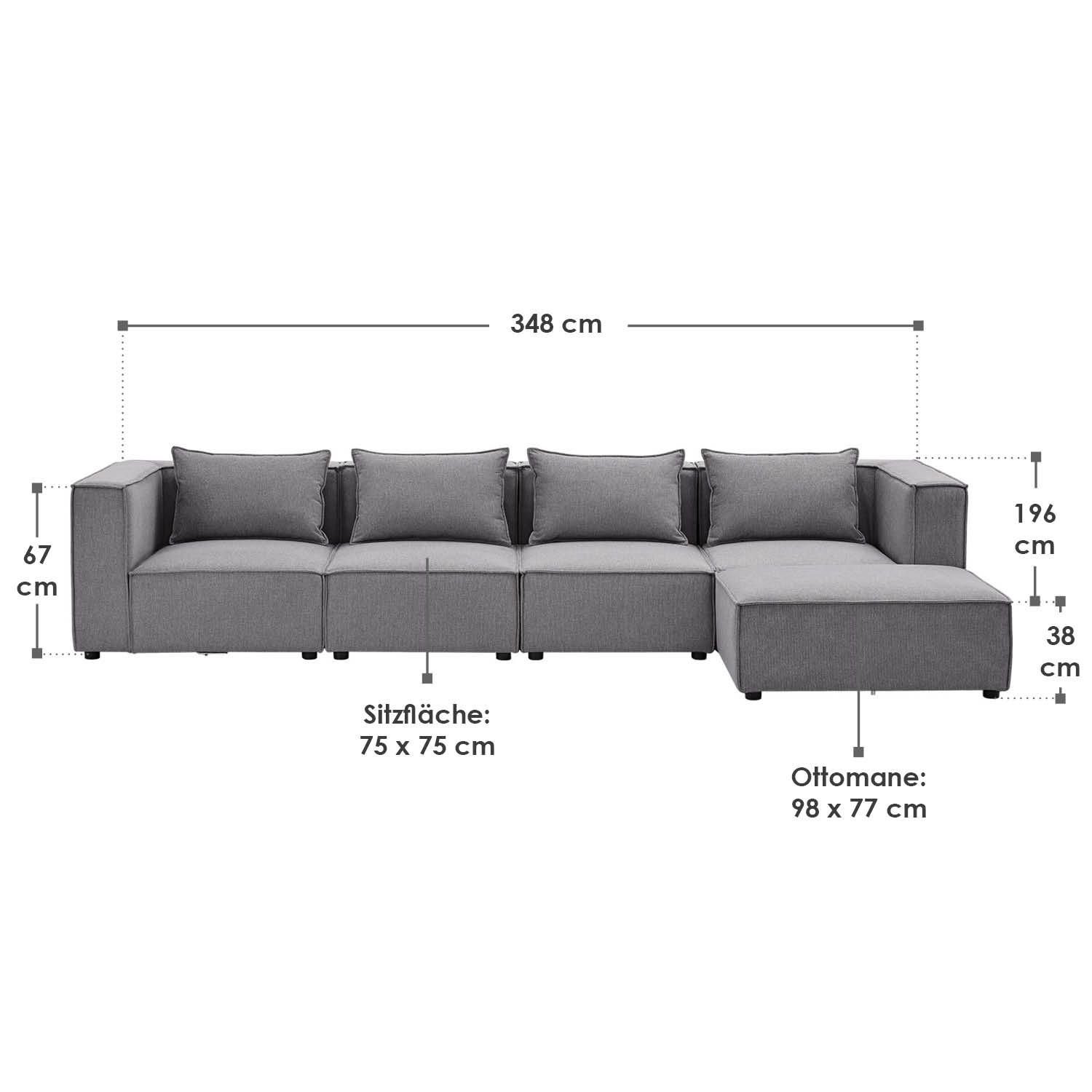 Wohnzimmer, Domas, modulare & Kissen Ecksofa XL, mane Couch 4 Teile, Sitzer für 5 Juskys mit