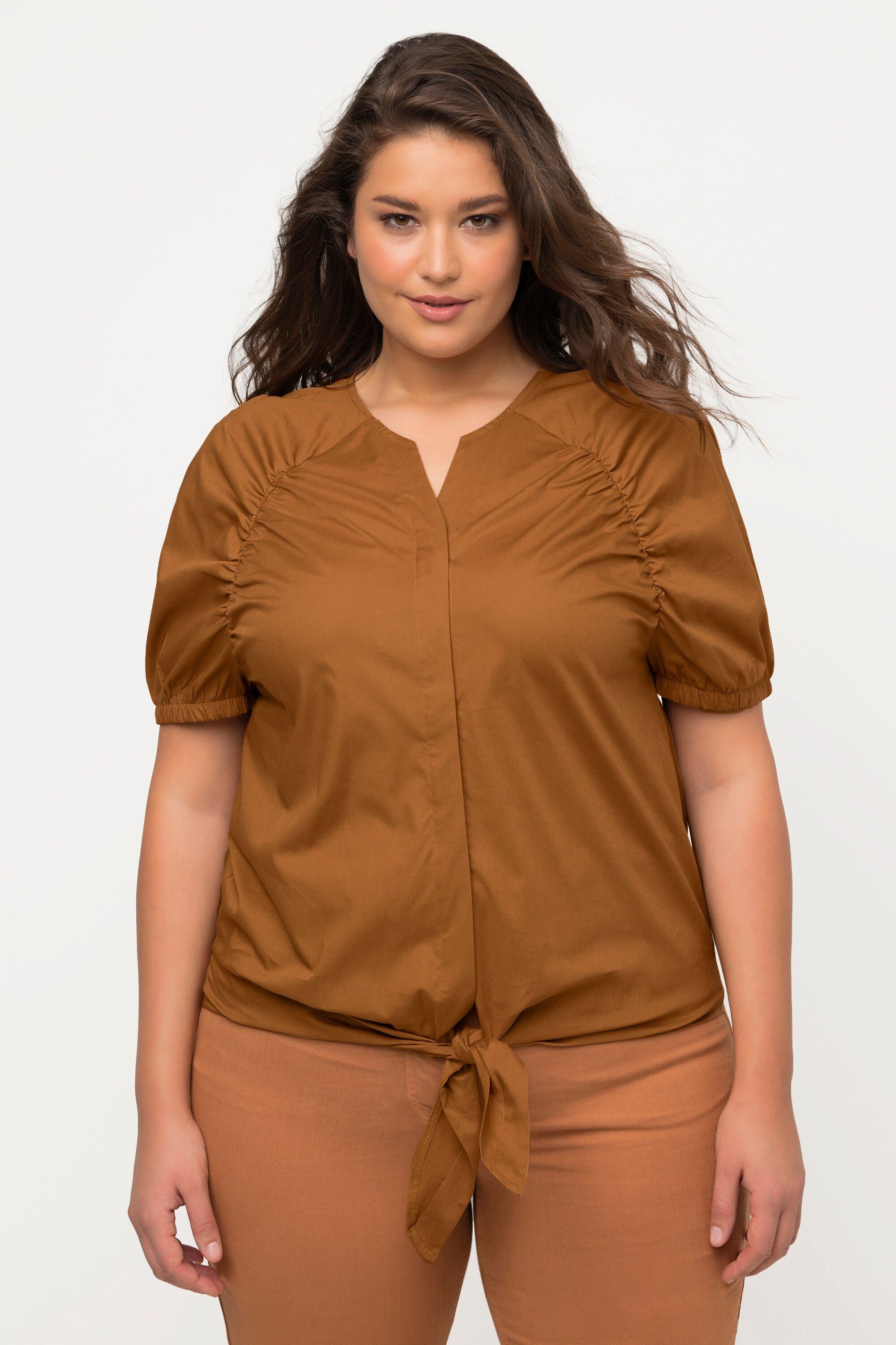 Spitzenbluse Bluse Saumband Tunika-Ausschnitt Halbarm