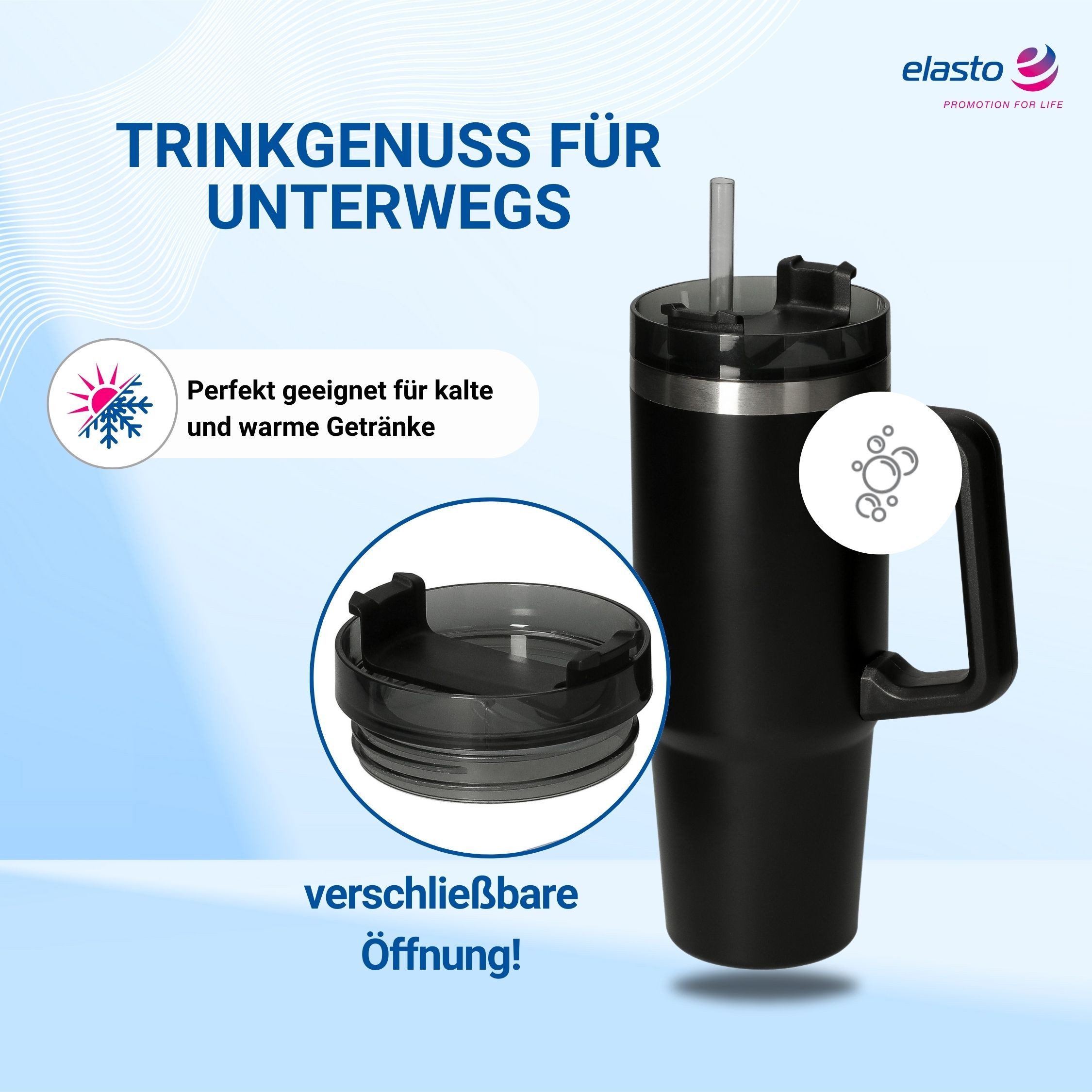 elasto Thermoflasche Trinkbecher mit Strohhalm "Tampa", 800 ml, schwarz