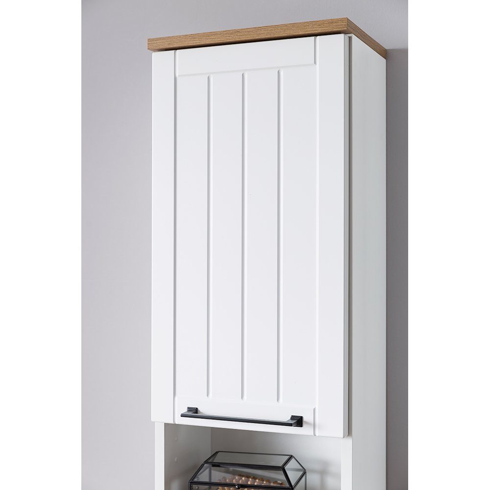 Lomadox Hochschrank JAUSA-80 Badmöbel im Landhaus-Stil, matt weiß mit Eiche Nb., 30,3/180,9/32,6cm