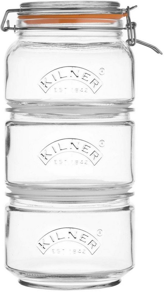 KILNER Vorratsglas, Edelstahl, Glas, (Set, 3-tlg., 2 x 0,88Liter, 1 x 0,9  Liter)