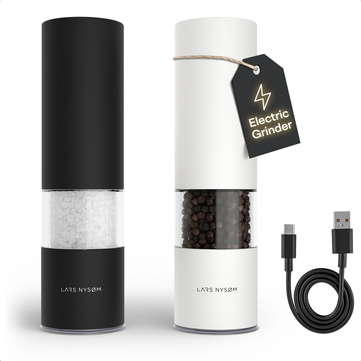 LARS NYSØM Gewürzmühle Stød praktische Einhandbedienung per Drucktaste, (2 Stück), elektrische Salz- & Pfeffermühle mit eingebautem LED-Licht