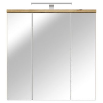FORTE Spiegelschrank VERIS, B 69 x H 68 x T 20 cm, Artisan Eiche Dekor, Badmöbel, 3-türig, mit LED-Aufsatzleuchte
