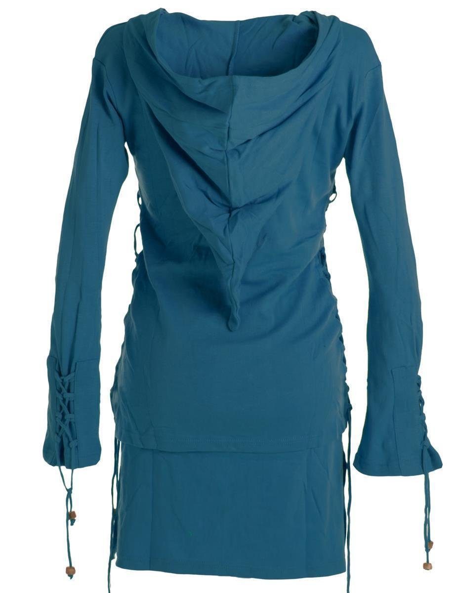 zum Boho, türkis Kleid Goa mit Zipfelkapuze Style Zipfelkleid Bändern und Vishes Ethno, Doppellagiges Elfen, Schnüren Warmes