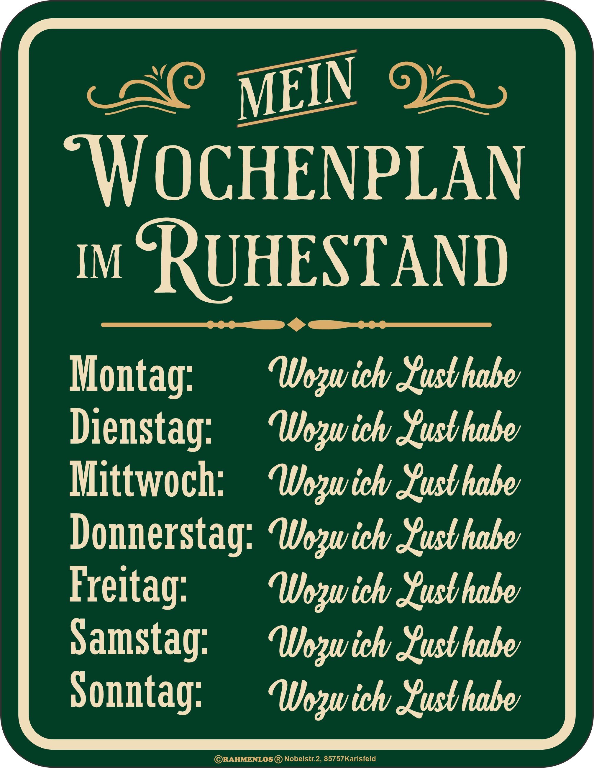 RAHMENLOS® Metallschild zum Ruhestand: Mein Wochenplan günstig online kaufen