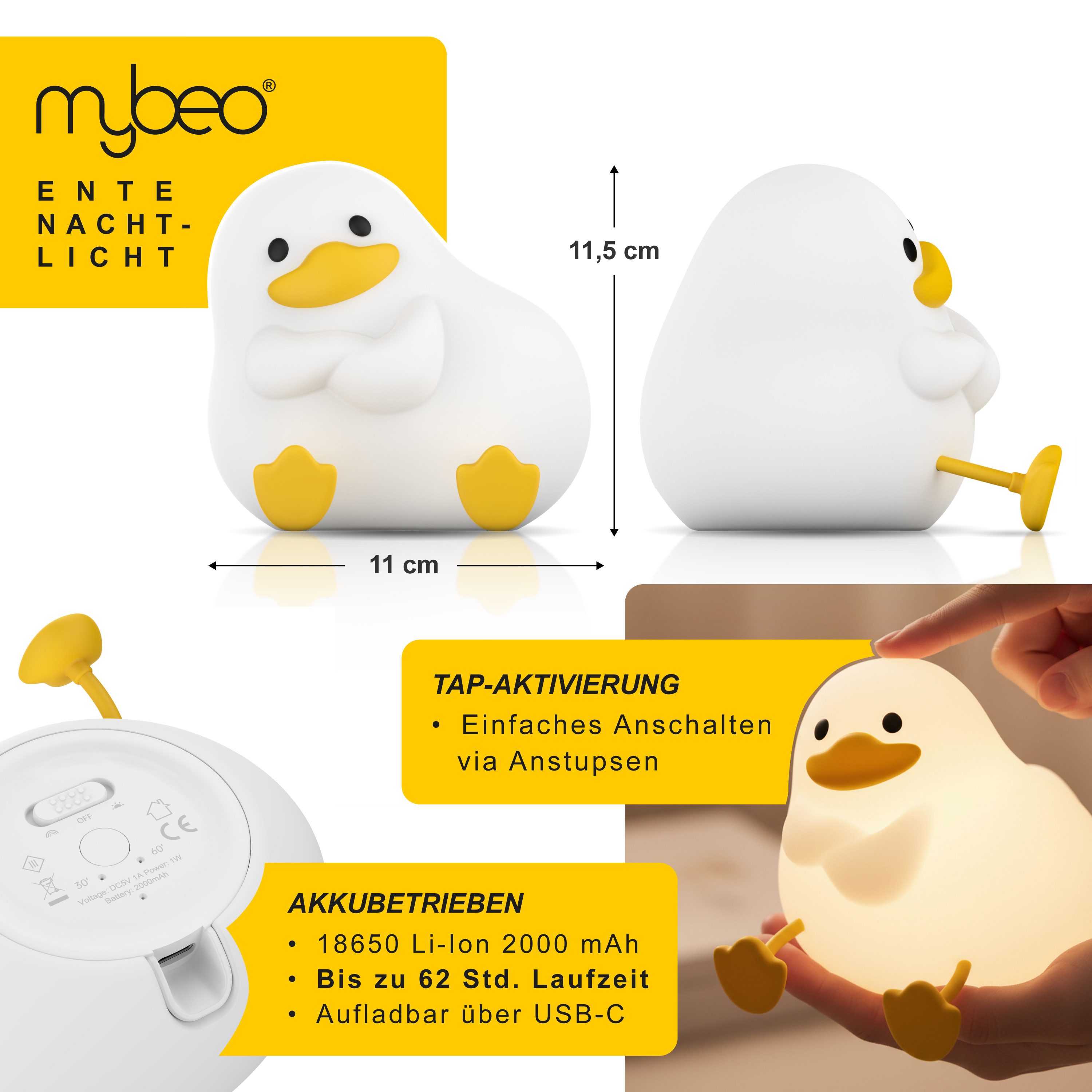 MyBeo LED Nachtlicht für Babys und Kinder, dimmbar, Nachtleuchte mit RGB Farbwechsel, Akku, Dimmfunktion; Farbwechsel; mehrere Helligkeitsstufen; Nachtlichtfunktion, LED fest integriert, Extra-Warmweiß, Farbwechsler, sitzende Ente, Einschlafhilfe, Timer 30/60 Min, 3 Helligkeitsstufen