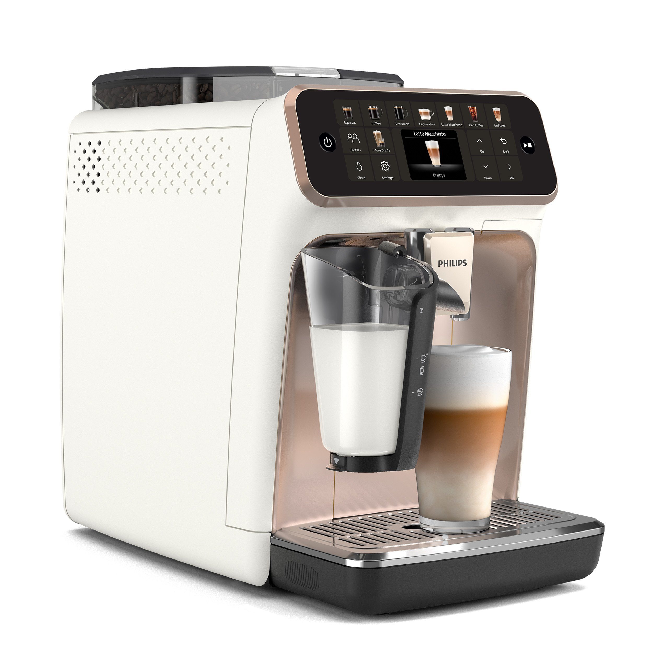 Philips Kaffeevollautomat EP5543/80 5500 Series, 20 Kaffeespezialitäten (heiß oder eisgekühlt), Rosé-Weiß, LatteGo-Milchsystem, SilentBrew Technologie, Schwarz verchromt