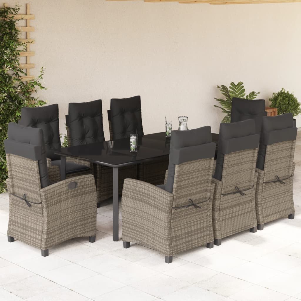 vidaXL GartenEssgruppe 9tlg. GartenEssgruppe mit Kissen Grau Poly Rattan